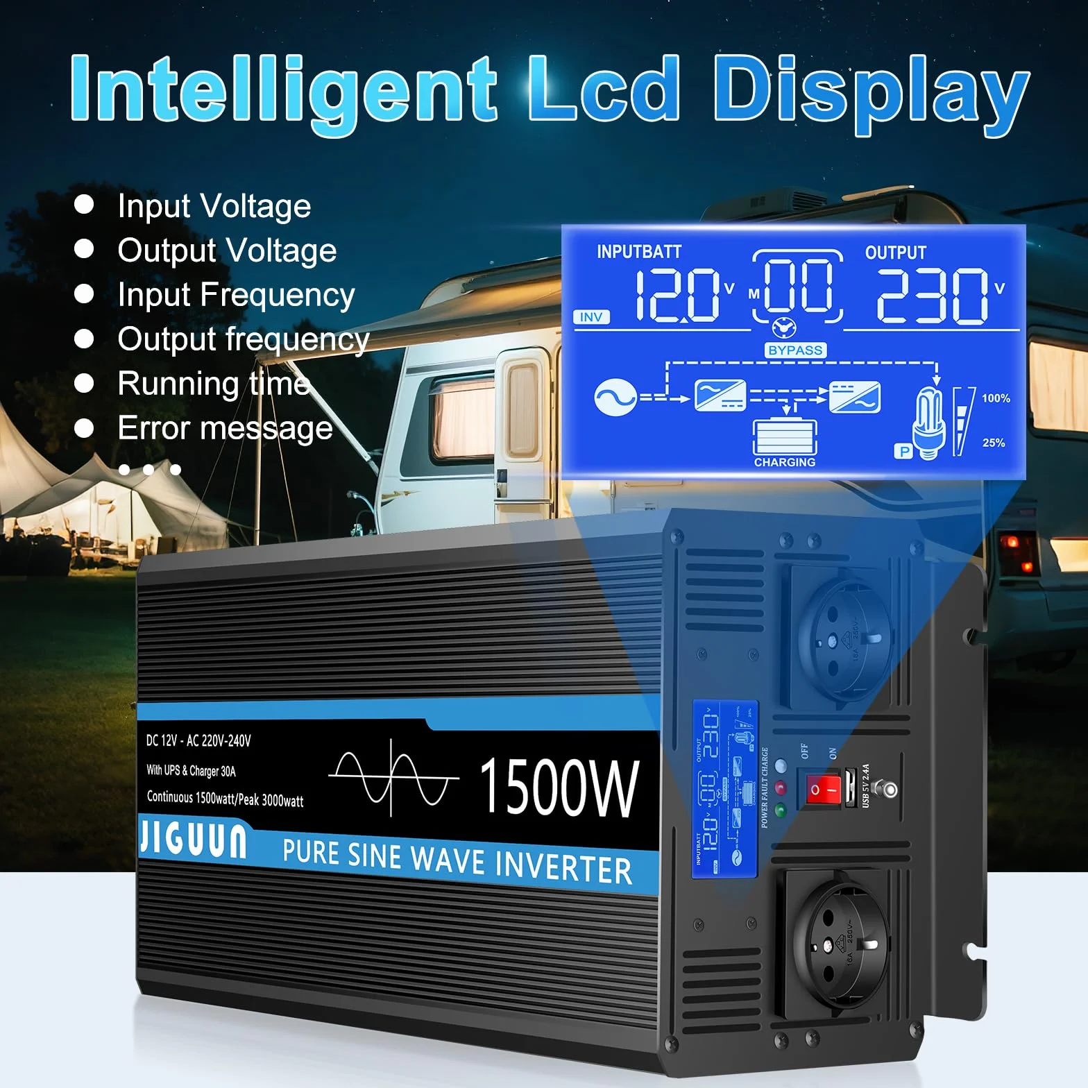JIGUUN Przetwornica napięcia 1500 W 3000 W 12 V 230 V 30 A USV 2 gniazda EU pilot LCD