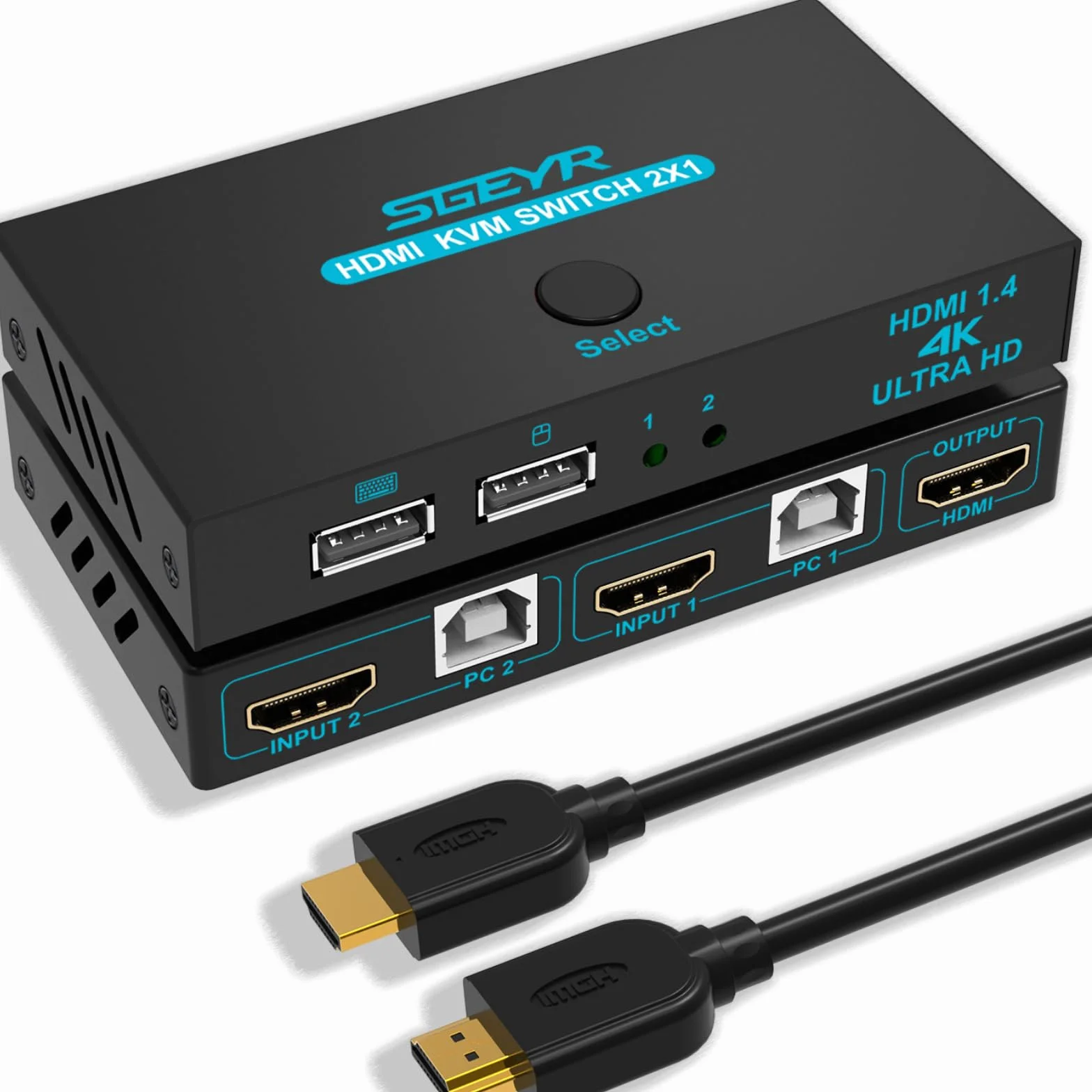 Przełącznik KVM HDMI 2x1 4K 2 porty USB metalowa obudowa Auto Scan Zestaw kabli 4K@30Hz UHD 3D 1080P