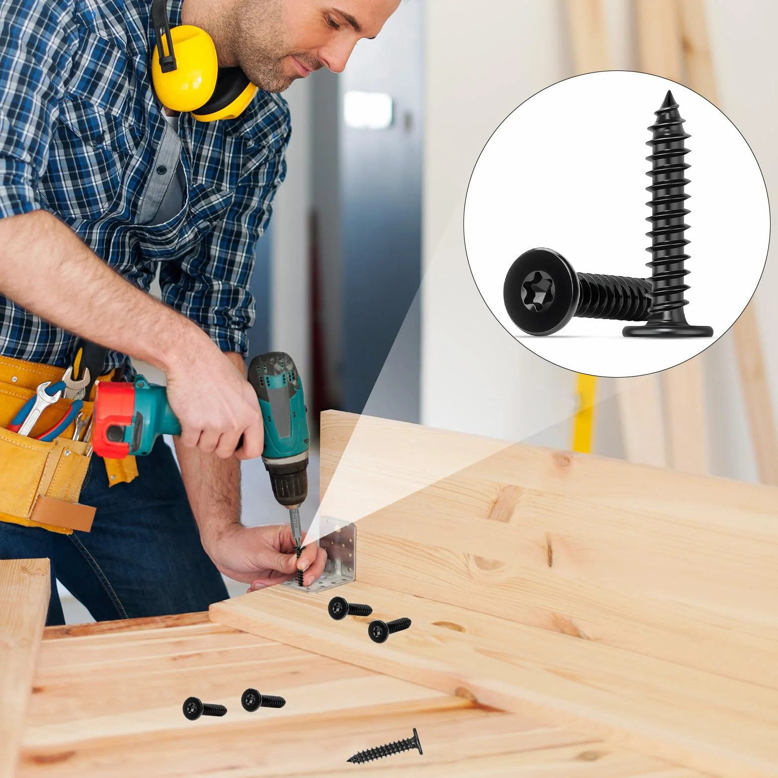 Wkręty do drewna M4 x 10 mm, stal nierdzewna, 100 sztuk, wkręty samogwintujące Torx, czarne, śruby ze stali nierdzewnej, wkręty do drewna, wkręty z płaskim łbem