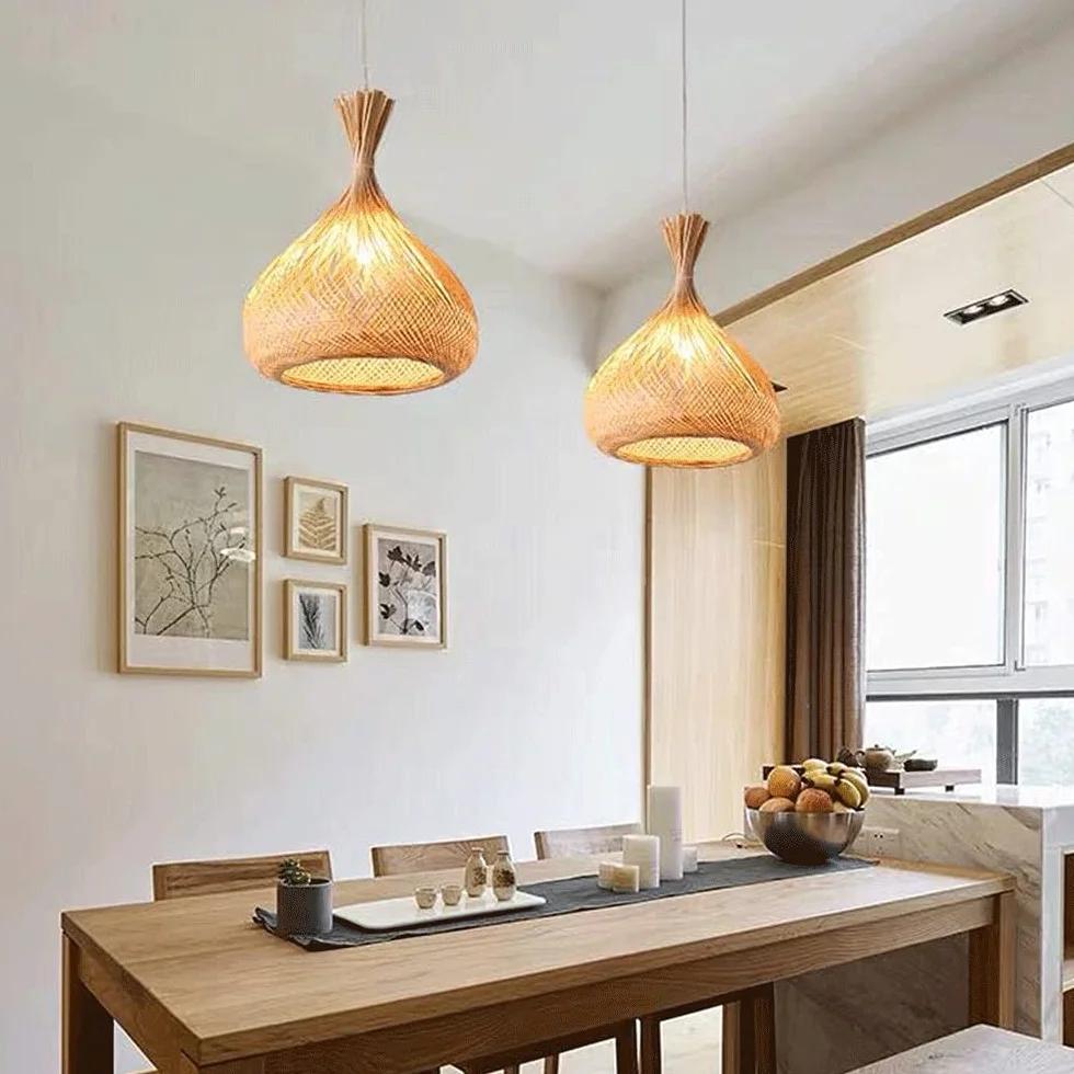 Lampa Wisząca Z Bambusowym Koszem Lampa Wisząca W Stylu Boho Naturalne Żyrandole W Kształcie Kopuły, Tkane Światło Oświetlenie Wewnętrzne Z Regulowanym Przewodem Do Jadalni, Wyspy Kuchennej,