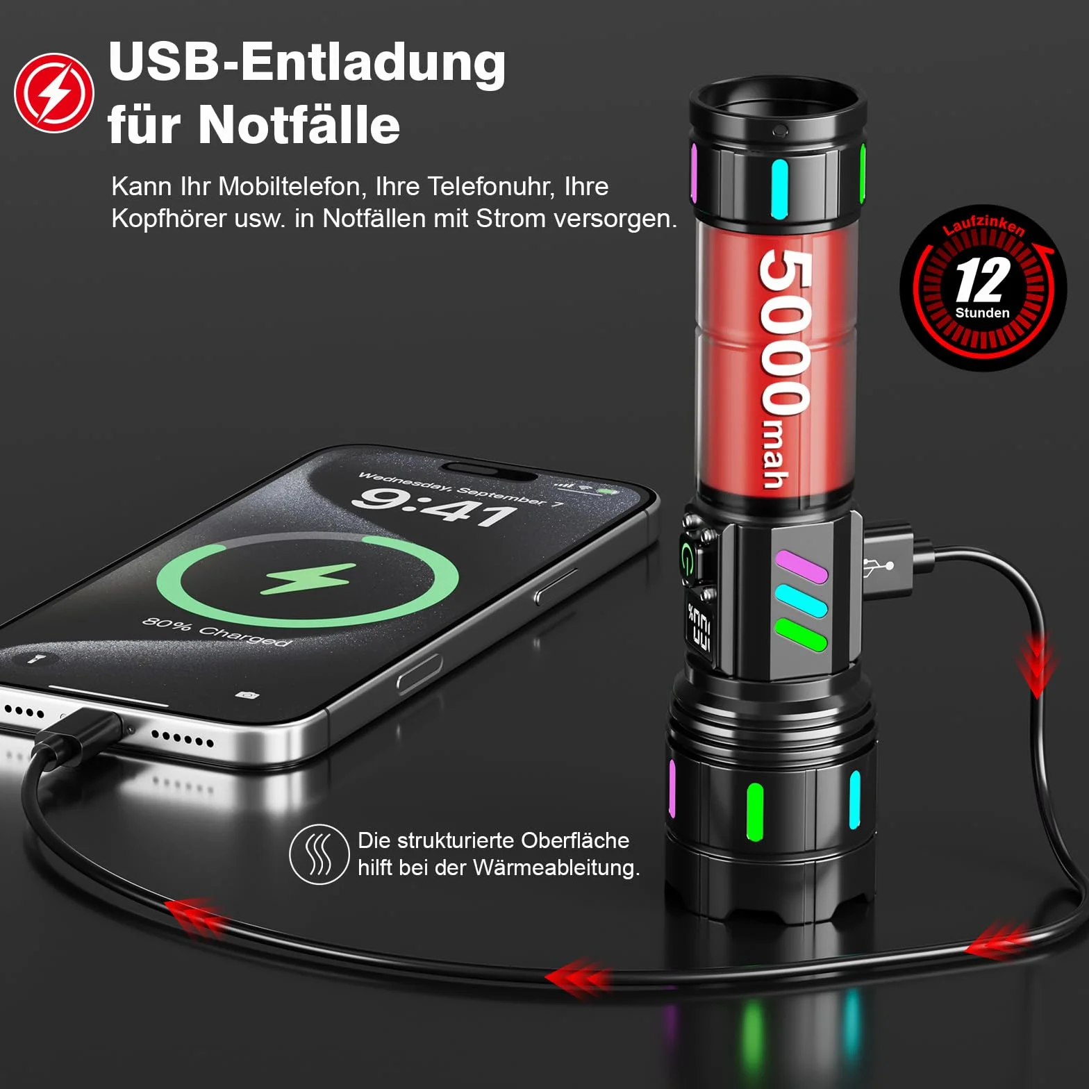 Shadowhawk Latarka LED, ładowalna, 500 000 lumenów, niezwykle jasna, taktyczna, czas pracy 12 godzin, z baterią 5000 mAh, latarka IP67 USB C+A, na zewnątrz/kemping/wędrówki, zoom i wyświetlacz LCD, 5