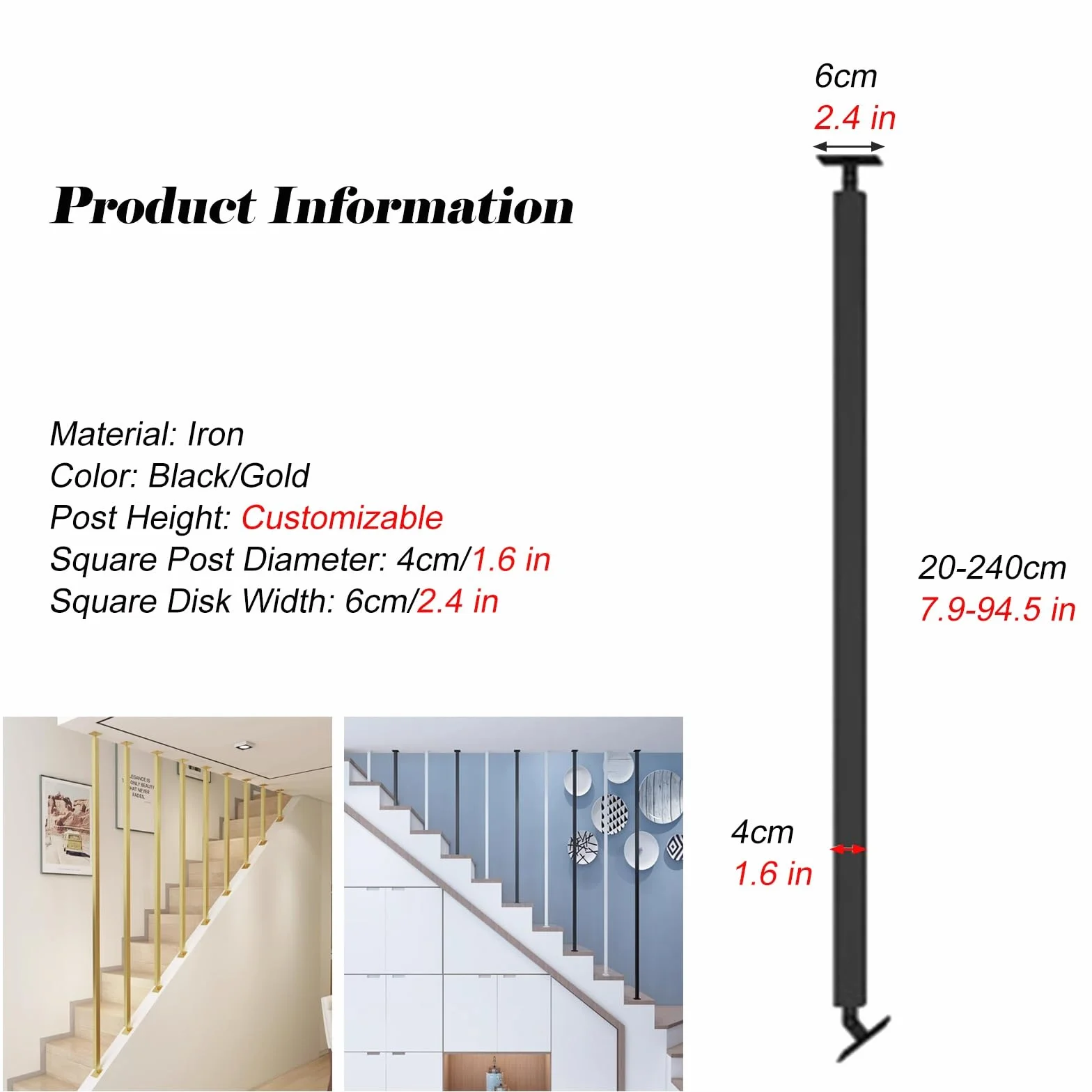 Regulowane metalowe wrzeciona schodowe - czarne złote słupki tralkowe do domowej restauracji i hotelu - kąt 0°-270° - długość 155 cm - stylowa dekoracja schodów (złoty 1 szt.)