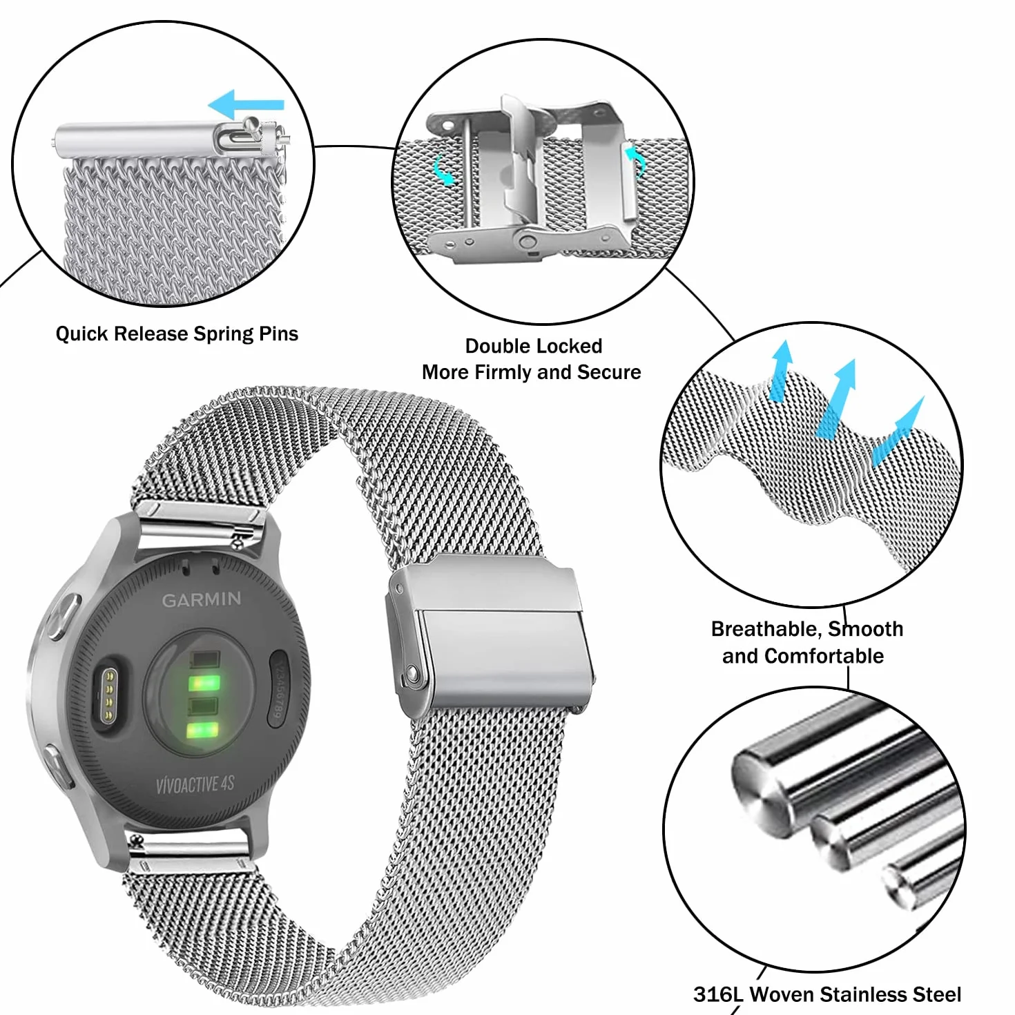 Pasek do Garmin Vivoactive 4S Venu 2S Vivomove 3S, 18mm Stal nierdzewna Metalowy
