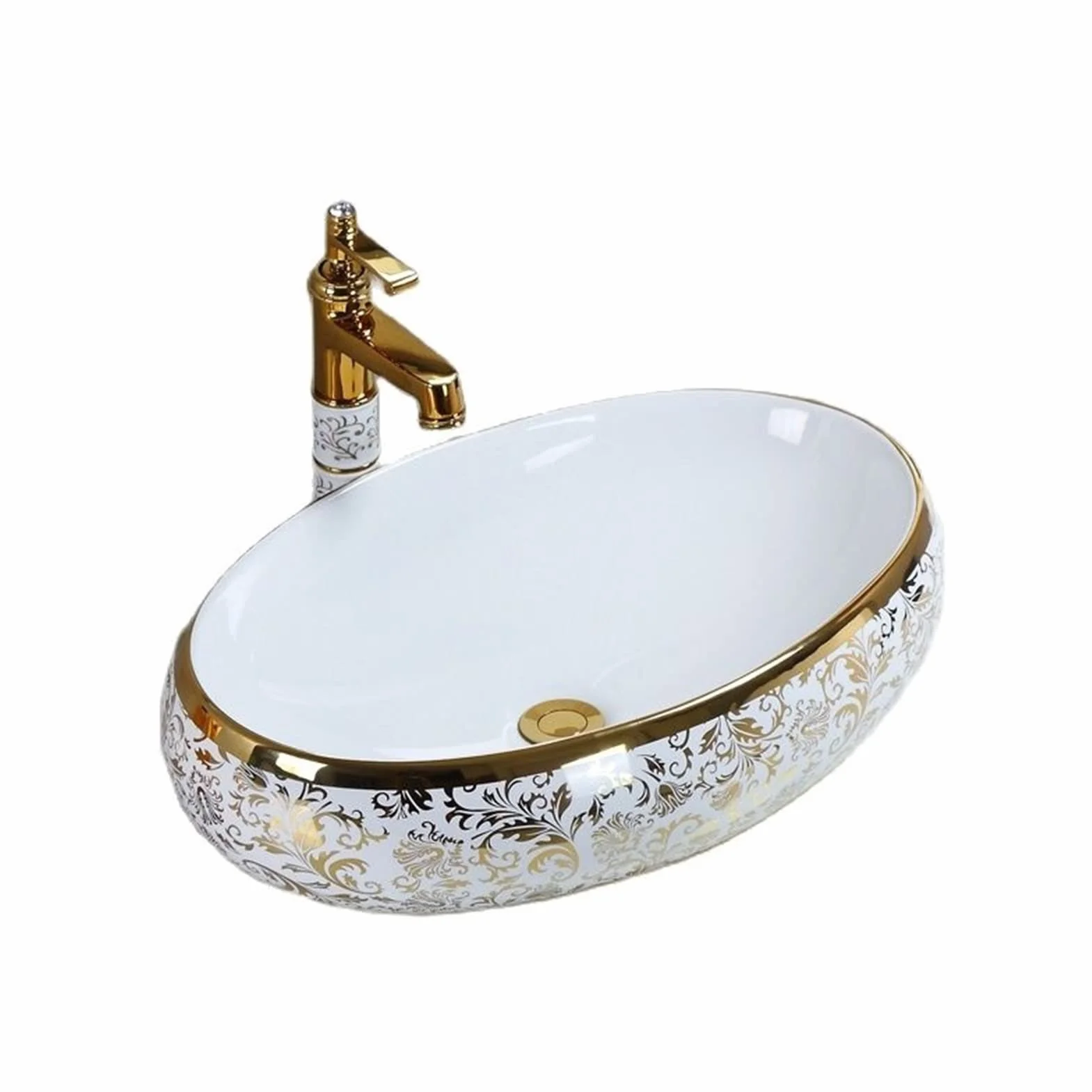 Umywalka Łazienkowa W Stylu Europejskim, Owalna, Ceramiczna, Nablatowa, Luksusowa, Porcelanowa, Złota, Nablatowa, Umywalka Łazienkowa, Umywalka Nablatowa(60X40Cm)