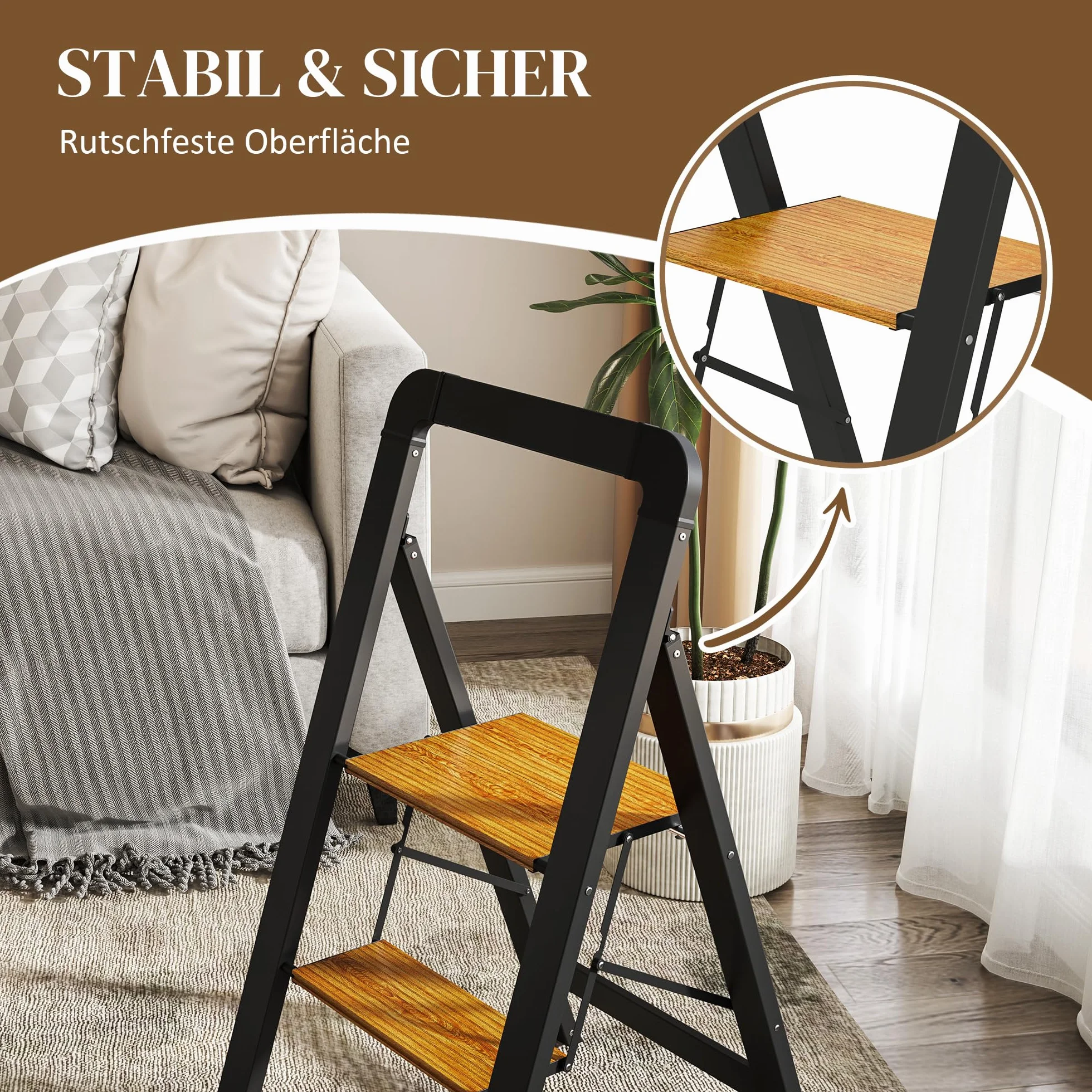 HOMCOM Drabina składana z 2 stopniami, drabina stojąca z uchwytem, antypoślizgowa platforma, obciążenie do 150 kg, aluminium, czarna, 44,5 x 48 x 86,3 cm