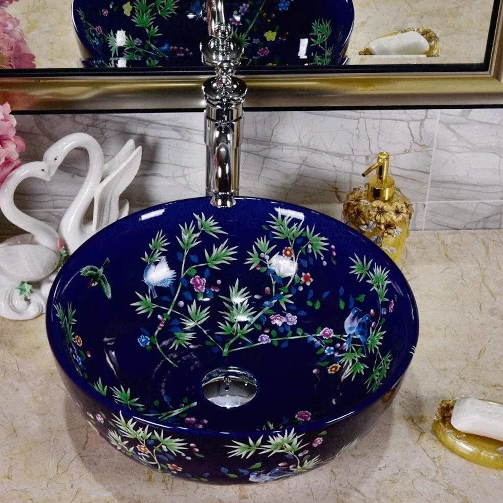 Szafka Pod Umywalkę Z Umywalką, Umywalka Łazienkowa, Umywalka Nablatowa, Umywalka Łazienkowa Ceramiczna Z Motywem Kwiatowym, Umywalka Nablatowa, Umywalka Nablatowa, 40 X 15 Cm