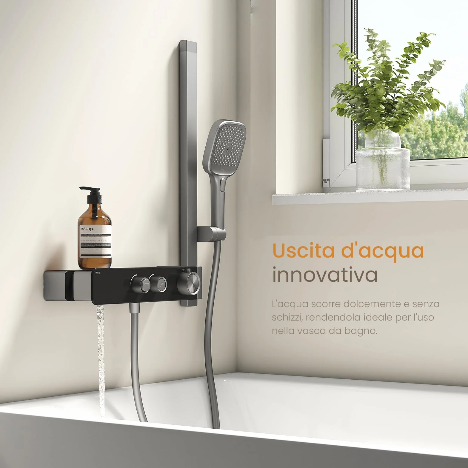 EMKE Termostatyczna kolumna prysznicowa - matowy antracyt, regulowany przepływ wody, oddzielny minimalistyczny design, ręczny prysznic 3 funkcje, zestaw prysznicowy do małych łazienek