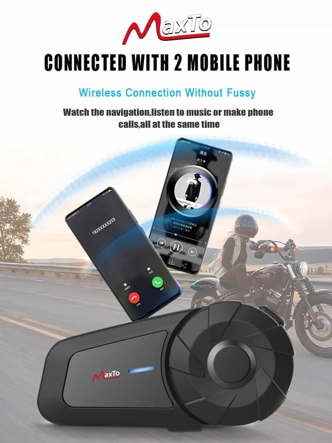 Maxto Motocyklowy zestaw słuchawkowy Bluetooth,MX1 2 Riders, uniwersalne systemy komunikacji interkomowej,dźwięk stereo HiFi, wodoodporność IPX6,sterowanie muzyką, kask motocyklowy głośnik(2pack)