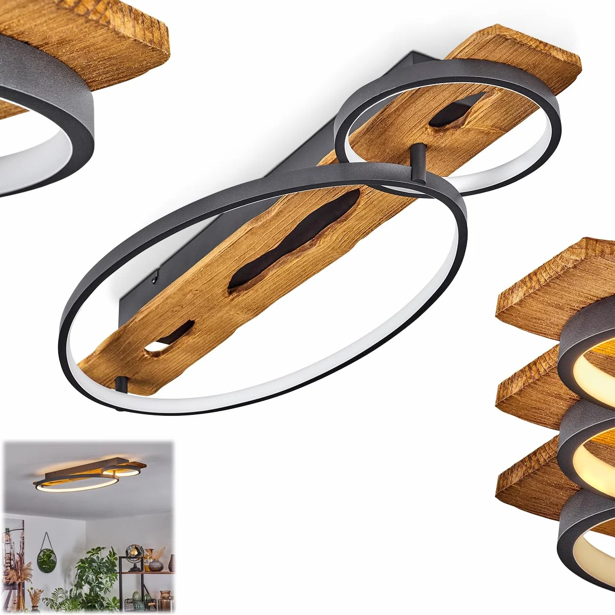 Lampa przysufitowa LED Nevogilde, ściemniana lampa przysufitowa z metalu/drewna/plastiku w kolorze antracytowym/naturalnym/białym, ściemniana, 3600 lumenów, 3000 K, LED 30 W