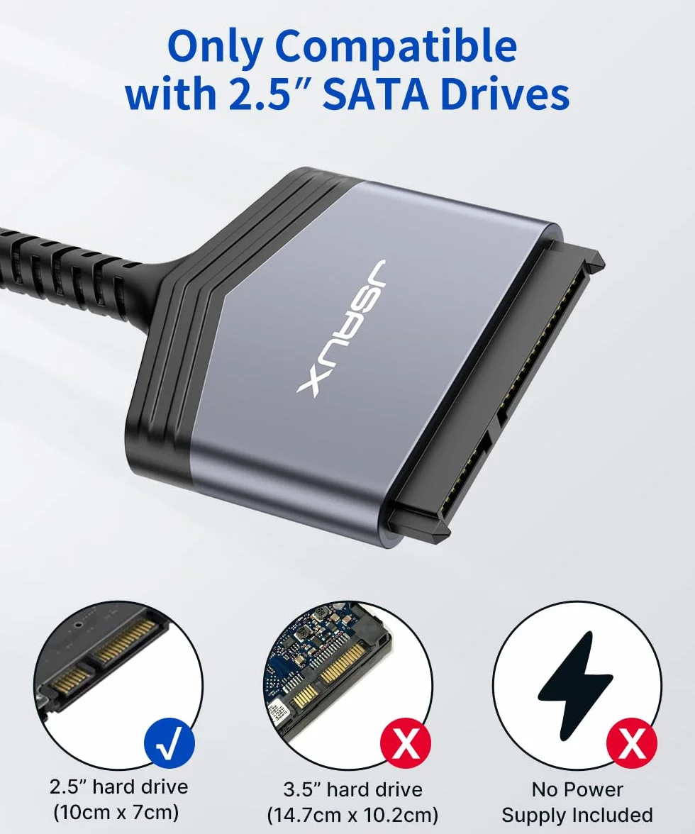 JSAUX Adapter SATA na USB do dysków twardych 2,5 cala SSD i HDD, USB 3.0 do SATA III, nylonowy kabel [obsługuje UASP], kompatybilny z Windows, MacOS, ChromeOS, Linux, szary