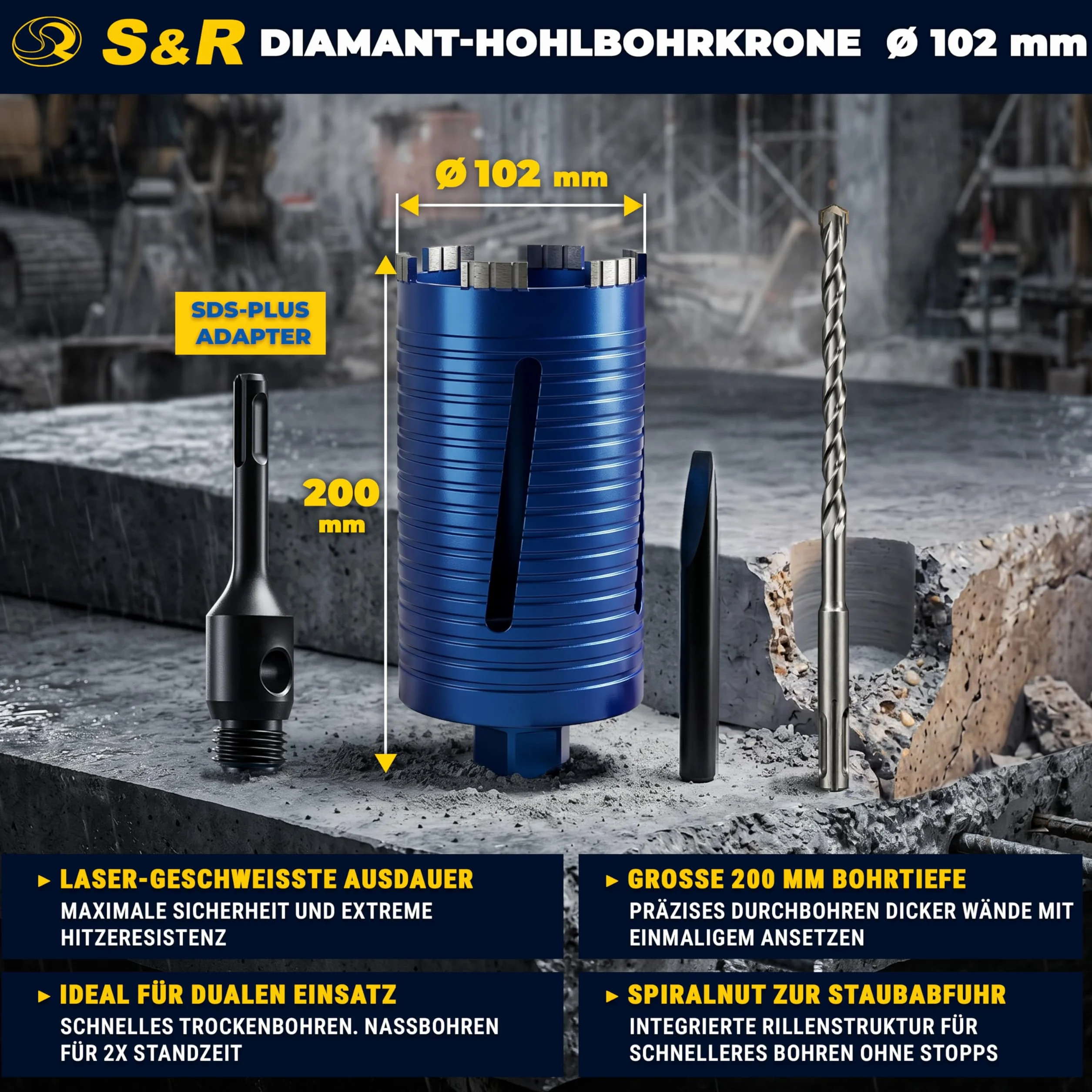S&R Diamentowa koronka wiertnicza M22-102 mm, długość 200 mm segment 10 mm, wiertło centrujące i adapter SDS-plus, pogłębiacz puszek do betonu, muru, pustaka, betonu komórkowego