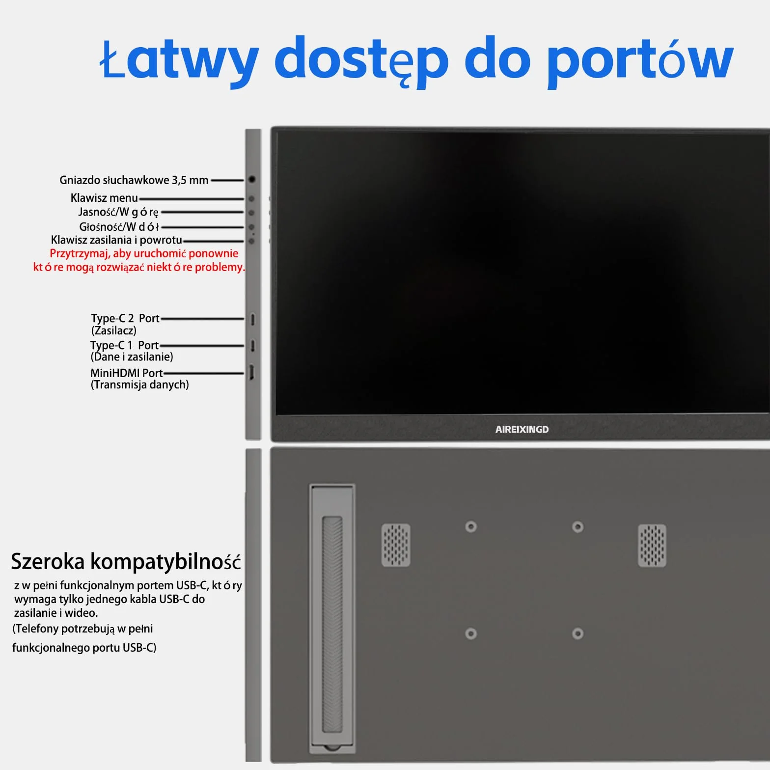 Przenośny monitor, 15,6" 1920×1080 FHD IPS przenośny ekran do laptopa ze stojakiem, montaż VESA,drugi ekran do laptopa/PC/Mac/PS5/Xbox - złącze USB C i HDMI [Klasa energetyczna A]