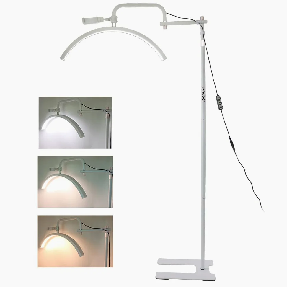 Andoer 36 W Półksiężyc Wypełnienie Światło Podłogowe LED Video Light 3200K-5600K Możliwość przyciemniania z metalowym uchwytem na telefon Pilot do salonu kosmetycznego Makijaż