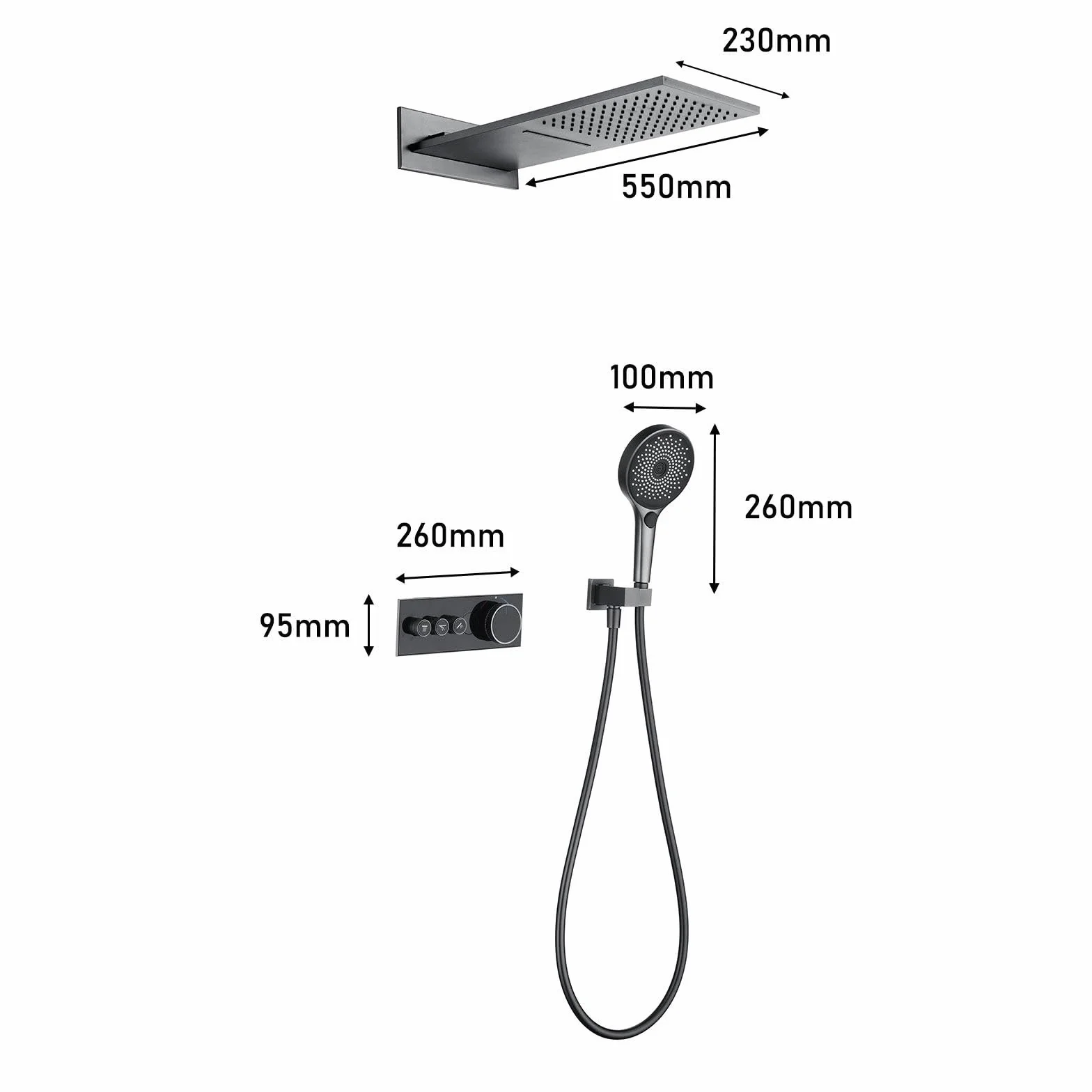 BEITH Termostatyczny zestaw prysznicowy 550 x 228 mm, kwadratowy, ukryty system prysznicowy z cyfrowym wyświetlaczem LED, 2 tryby montażu na ścianie, zestaw baterii prysznicowych, deszcz, wodospad, 3