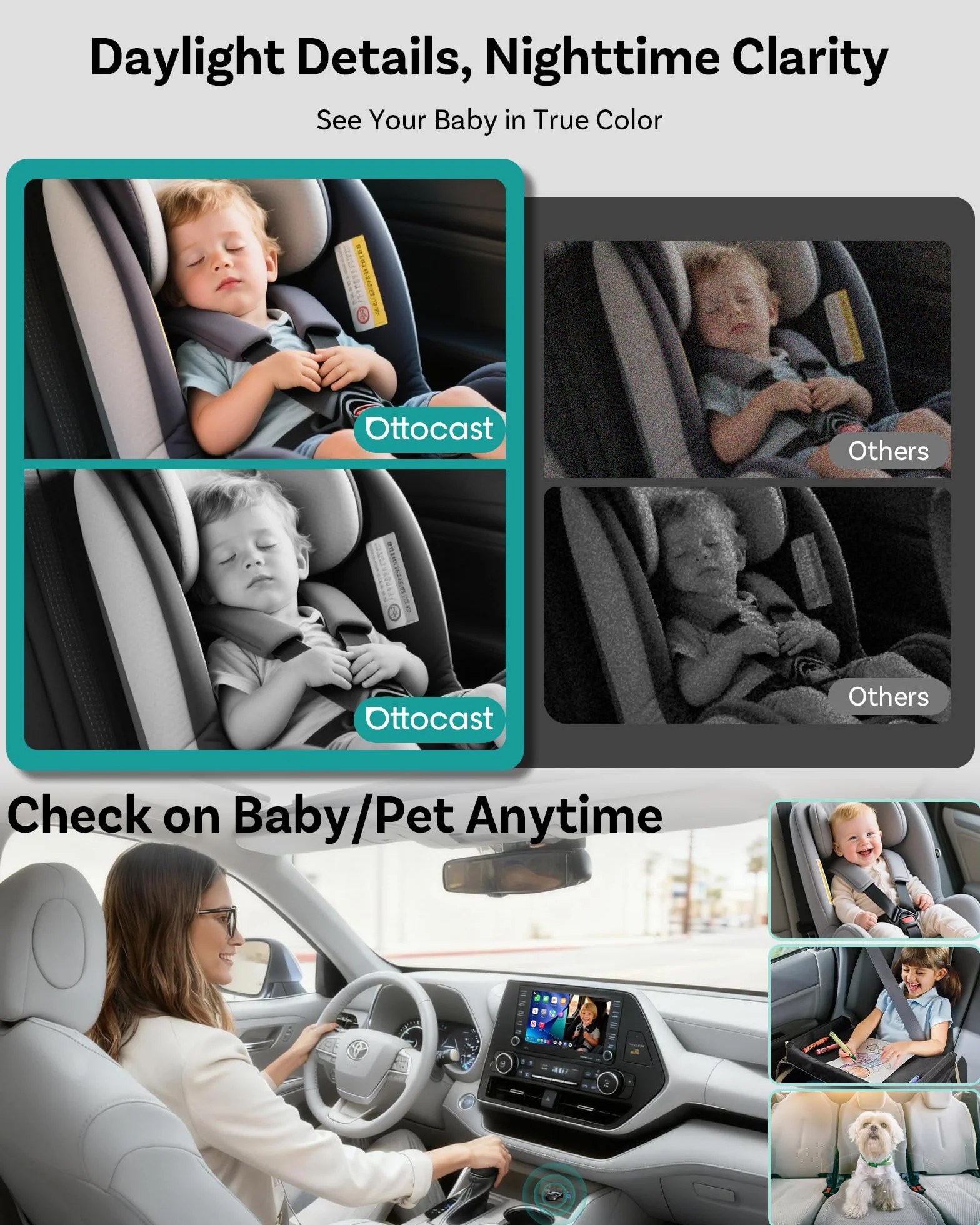 Ottocast Cabin Care 2026 Mini Bezprzewodowy Adapter CarPlay Kamera 1080P 150° Szerokokątny Widok na Tył USB-A