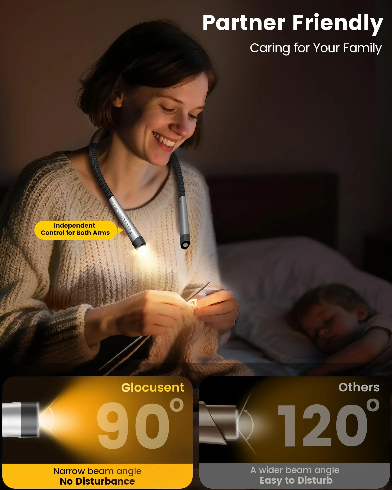 Glocusent Lampki do czytania książek w łóżku, 1600mAh Lampka na szyję i lampka do czytania książek: 3 kolory i 5 bezstopniowych poziomów jasności, timery i pomoc w zasypianiu, blokada podróżna