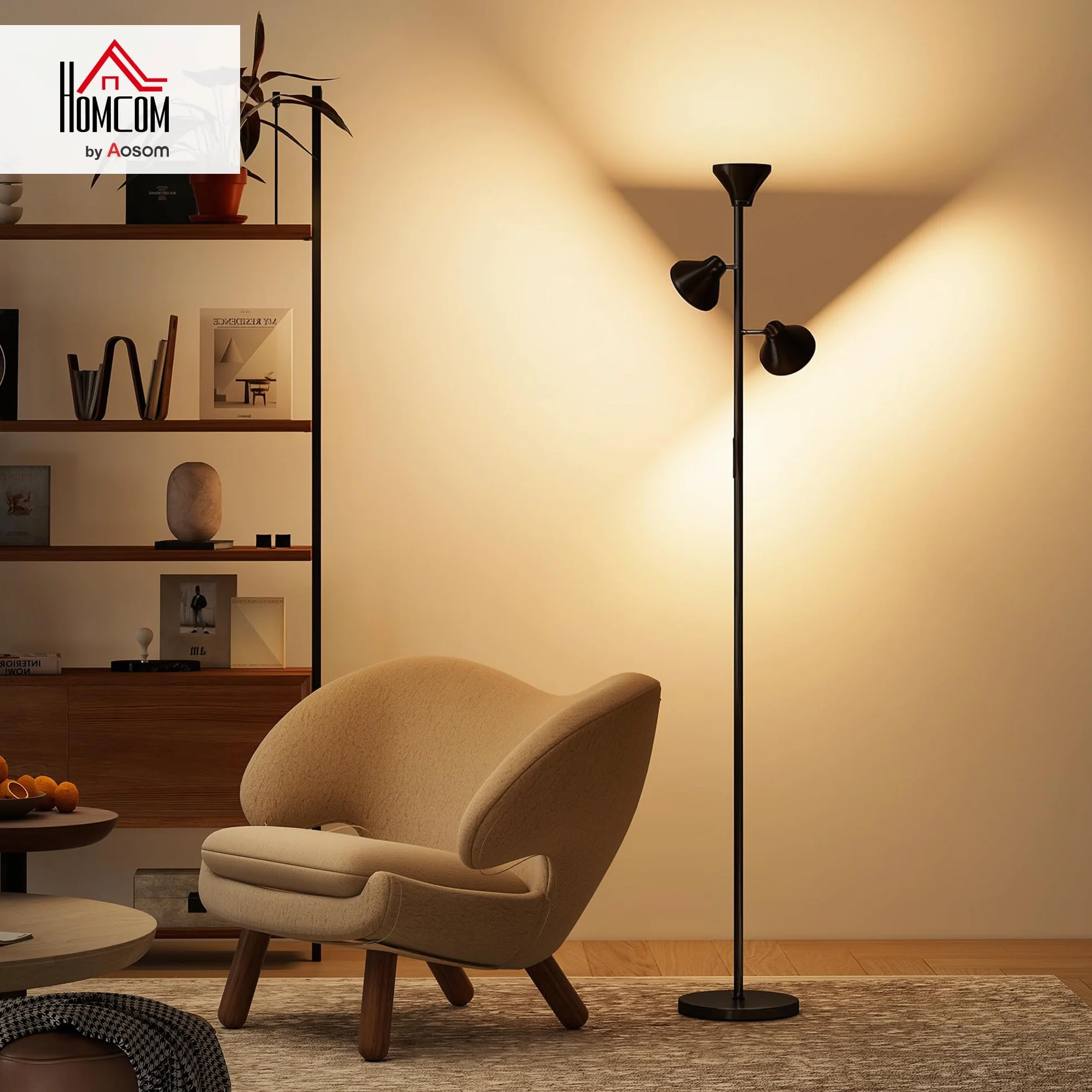HOMCOM Lampa podłogowa z regulacją jasności i lampą do czytania, zmiana kolorów RGB, sterowanie dotykowe i pilotem, 3 obrotowe głowice, 4150lm, 2700K–6000K, do salonu i sypialni