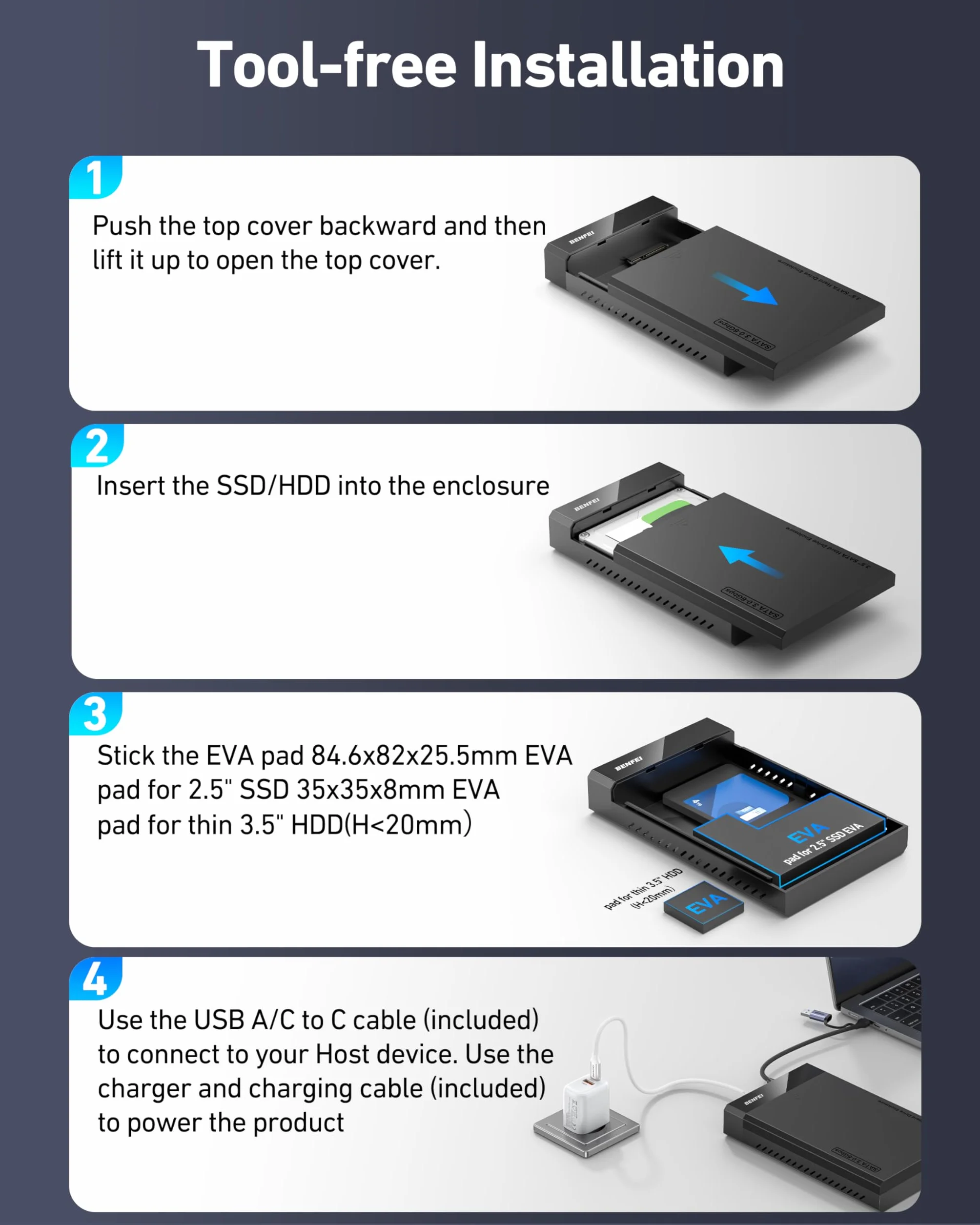 BENFEI Obudowa HDD/SSD SATA 3,5/2,5 cala, konstrukcja bez narzędzi, obsługuje dyski twarde 20 TB i UASP