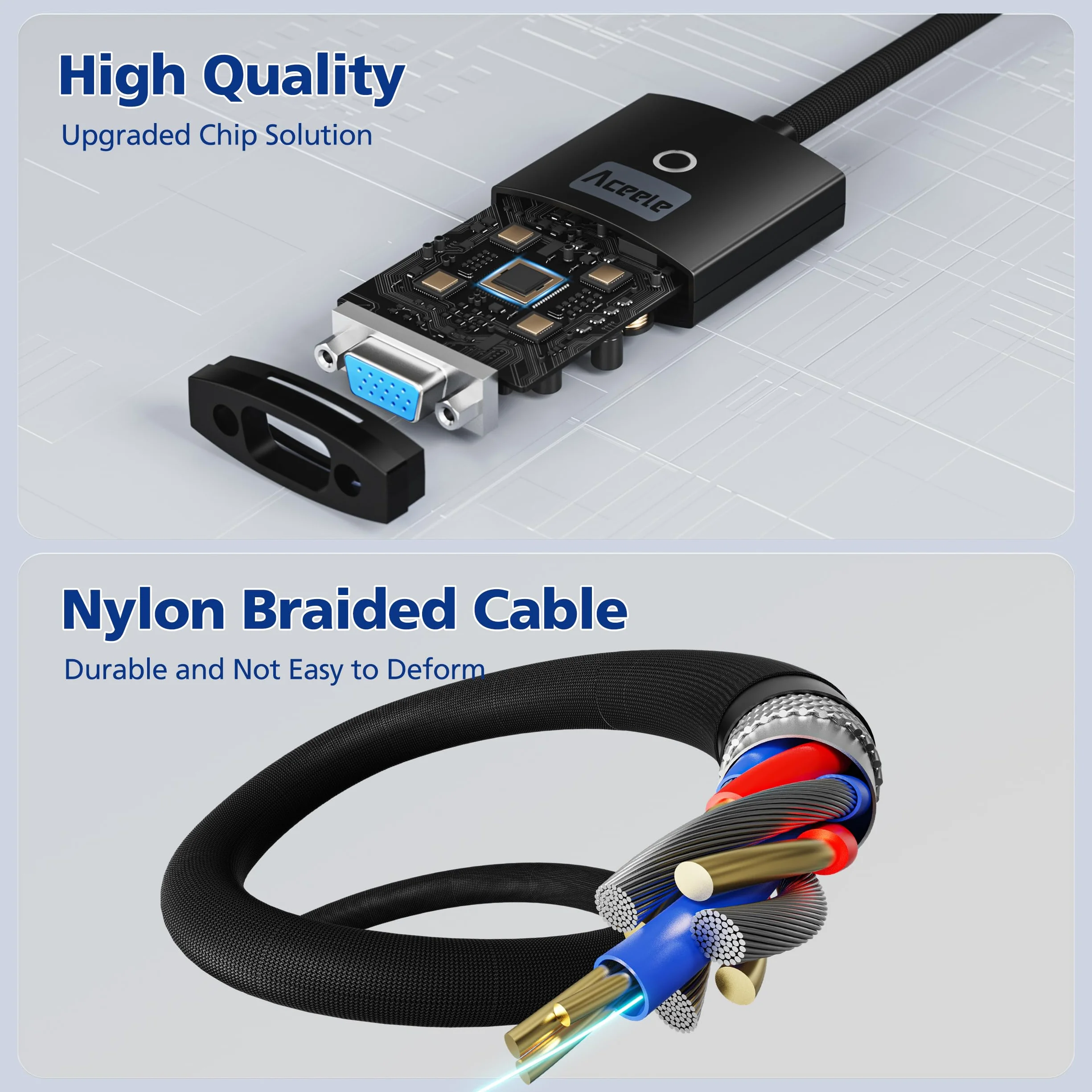 Aceele Adapter HDMI na VGA, konwerter komputera HDMI na monitor VGA (męski na żeński), nylonowy adapter kablowy do komputera stacjonarnego, laptopa, Raspberry Pi, Roku, Xbox do projektora/wyświetlacza