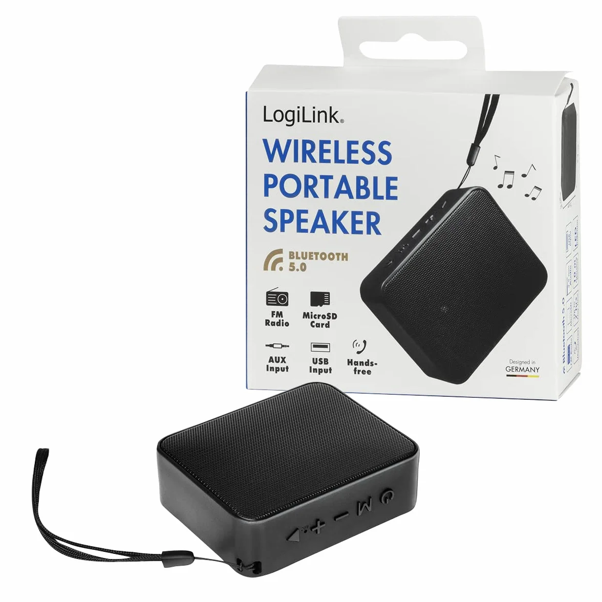 LogiLink SP0057 – kompaktowy głośnik Bluetooth 5.0 do odtwarzania muzyki (microSD, USB-A, AUX) i wbudowane radio FM, obsługuje tryb głośnomówiący, czarny