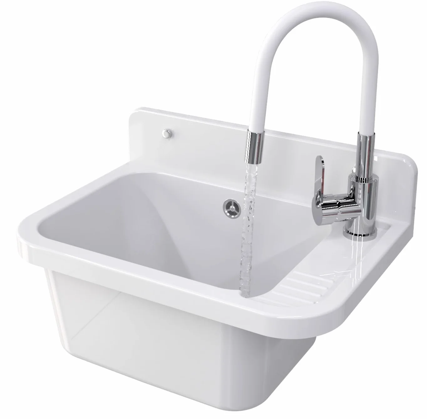 Granitan Umywalka do garażu, piwnicy, warsztatu i pralni – uniwersalne koryto z syfonem – umywalka do montażu na ścianie – 50 x 34 x 31 cm (biała + armatura umywalkowa FLEX)