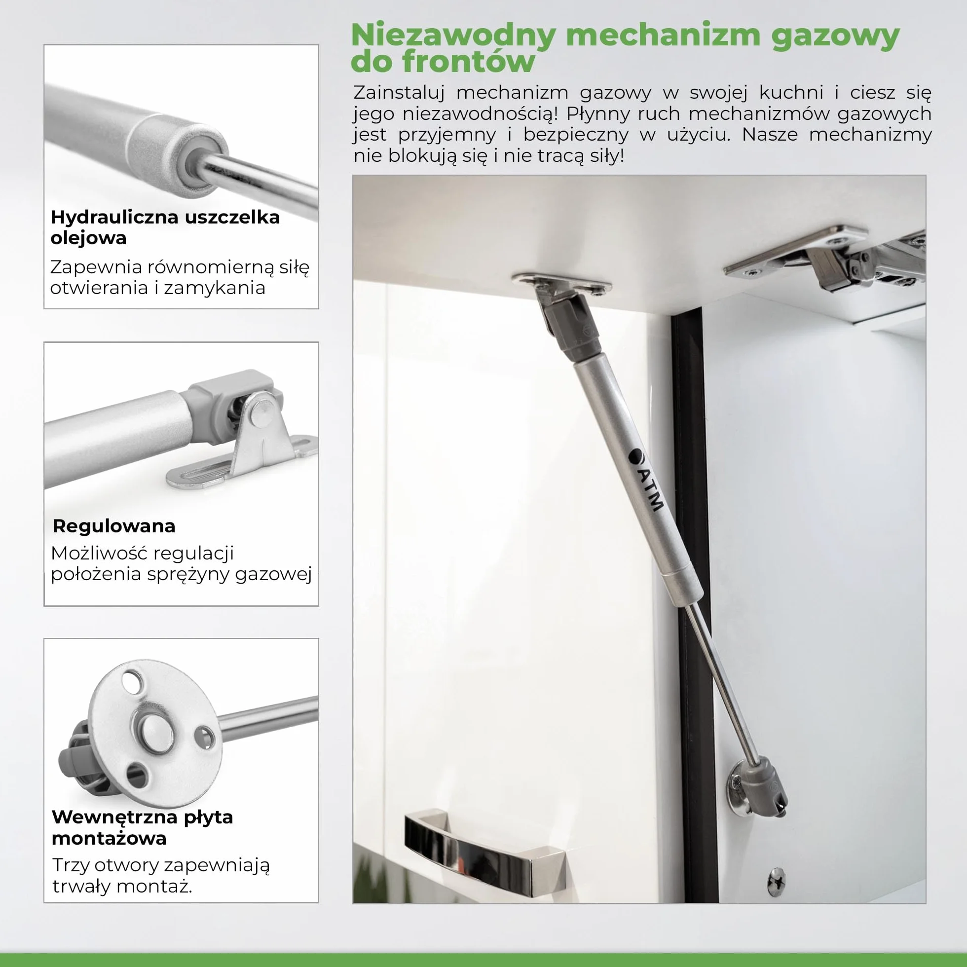 ATM® Podnośnik gazowy do frontów meblowych i klap | Regulacja kąta otwarcia 80°-100° | Łatwy montaż | Płynne otwieranie | Regulacja szybkości otwarcia | Wytrzymała konstrukcja | 4 Szt. | Moc: 50N