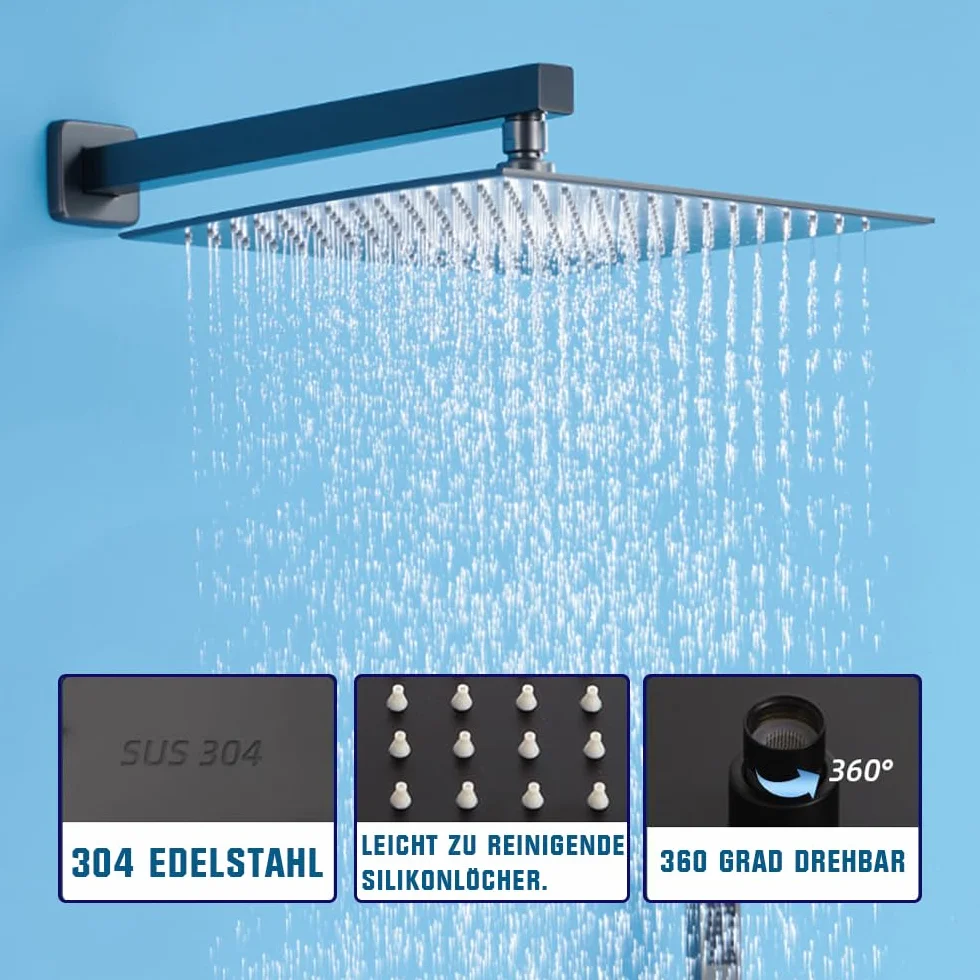 System prysznicowy, czarny, podtynkowy, armatura prysznicowa, 30 x 30 cm, system prysznicowy z wyświetlaczem LCD, deszczownica czarna, słuchawka prysznicowa 200 mm, mosiężny korpus, wąż prysznicowy