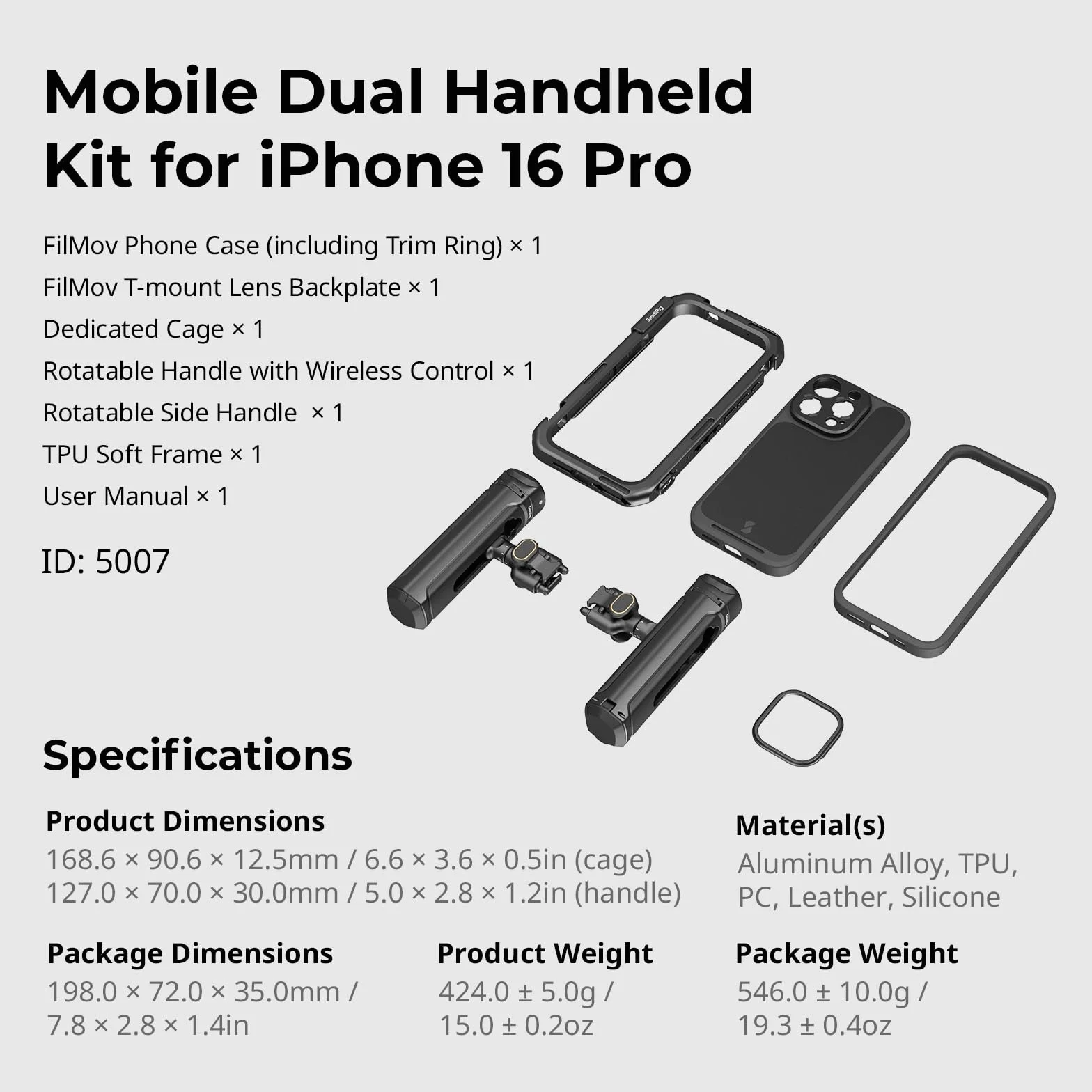 SMALLRIG Phone Video Cage Dual Handheld Kit do iPhone 16 Pro, Phone Rig z bezprzewodowym uchwytem bocznym Quick Release 5007