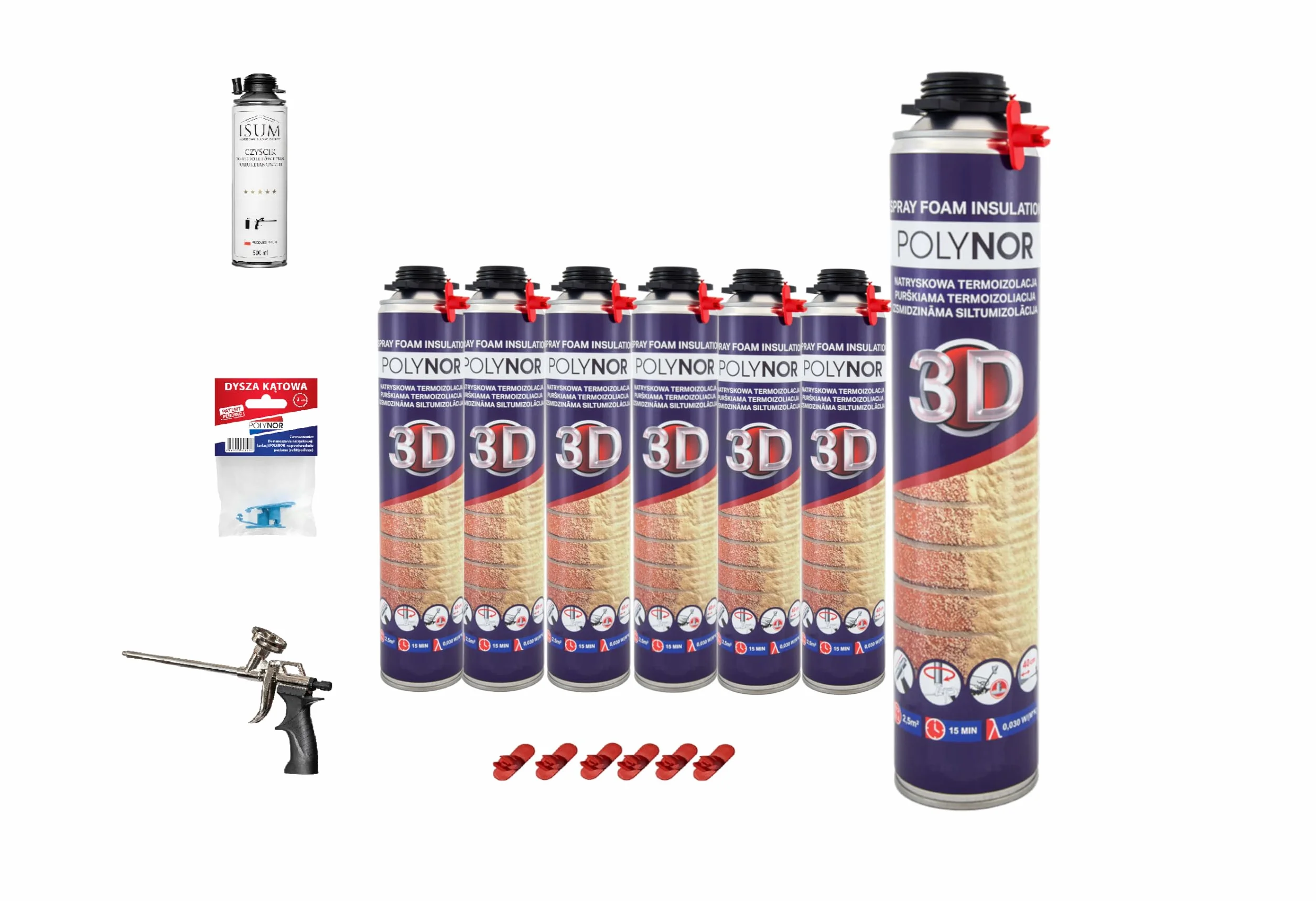 POLYNOR 3D Zestaw do izolacji natryskowej XXL - 6x850ml + akcesoria | natryskowa izolacja termiczna, pianka montażowa PUR, czyścik 500ml, pistolet standard, dysze kątowe, kombinezon