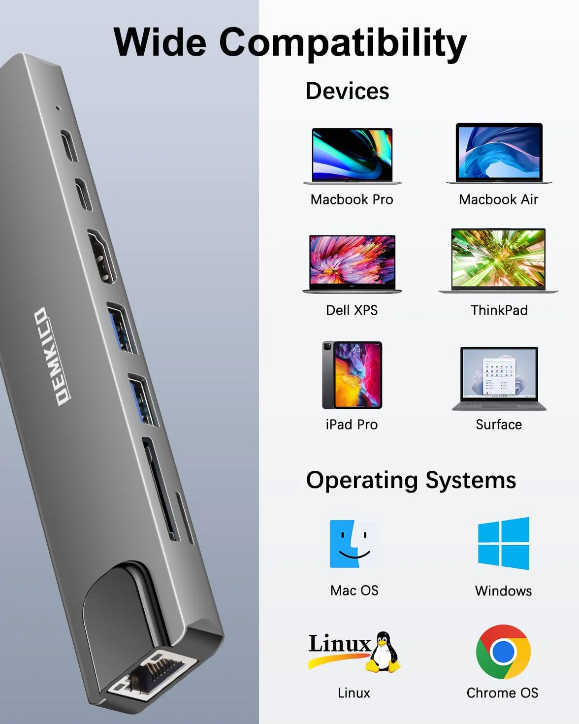DEMKICO Adapter wieloportowy USB C Hub 8 w 1 Ethernet 4K HDMI czytnik kart SD/TF 2x USB USB C 100W