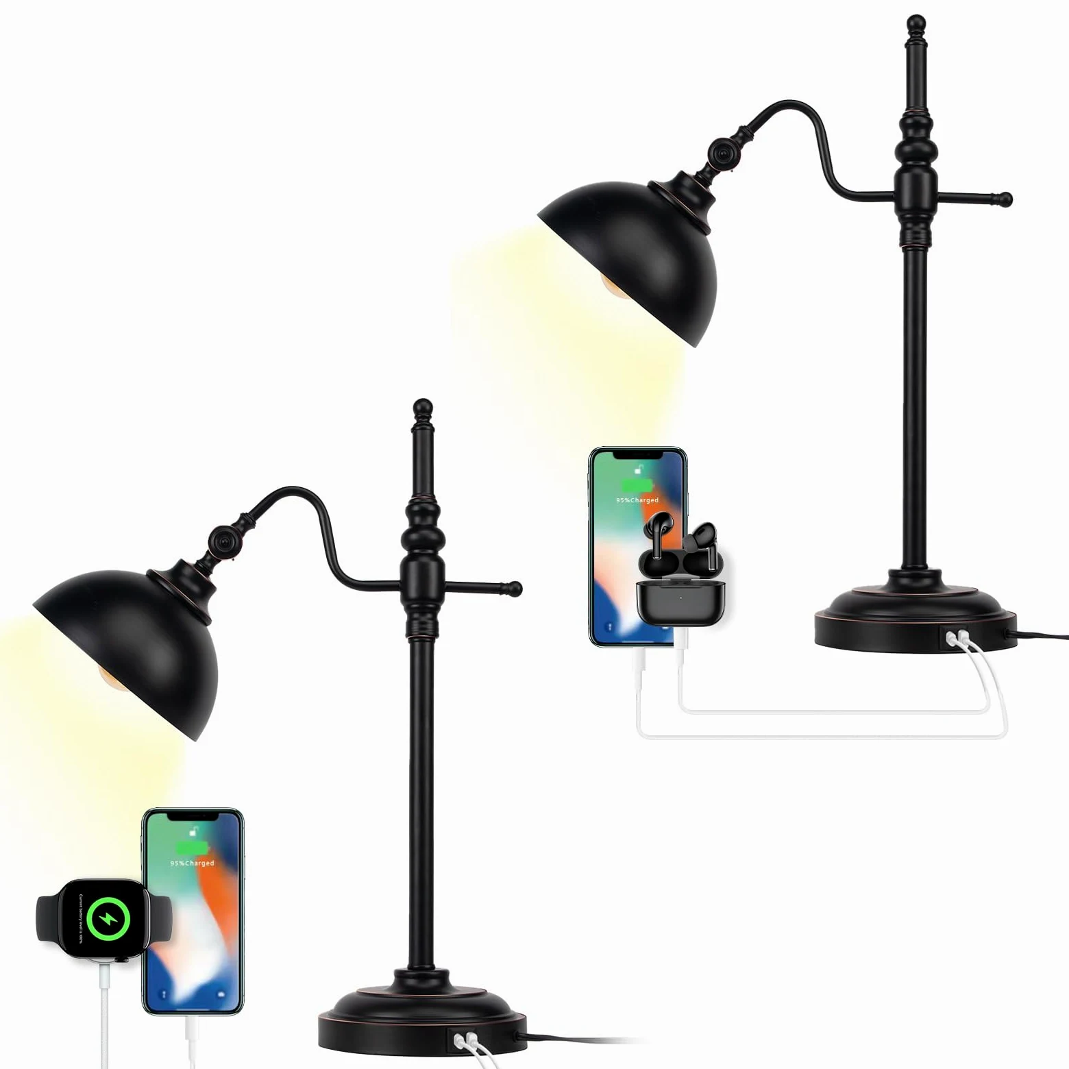2 sztuki przemysłowa lampa biurkowa z 2 portem ładowania USB czarna metalowa rustykalna lampa stołowa do czytania z regulowaną głowicą w stylu vintage lampa zadaniowa do biura salonu w