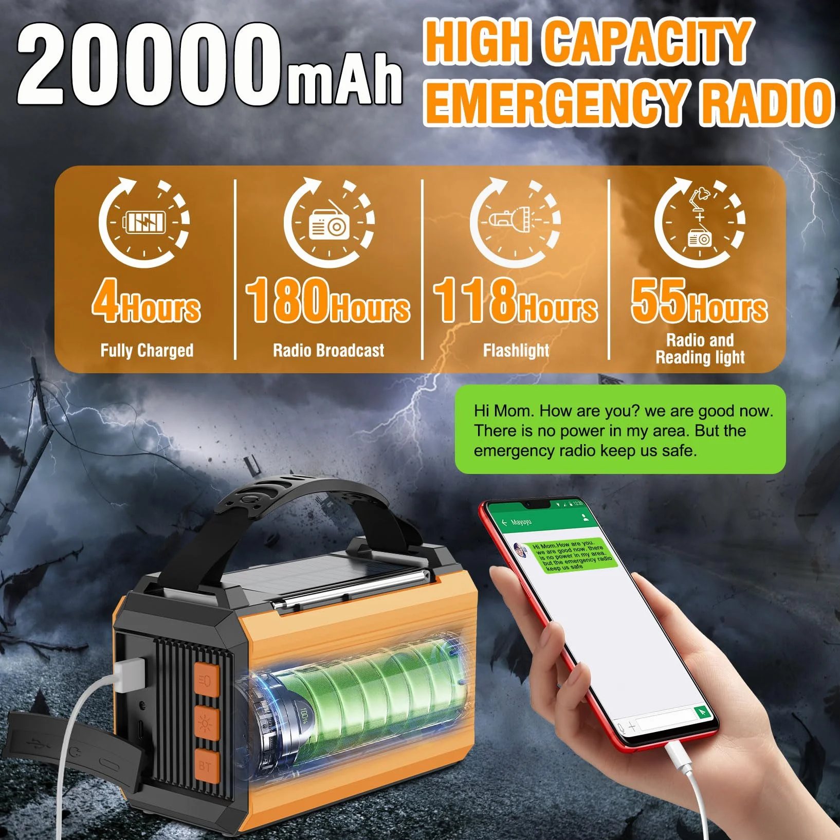 Awaryjne radio pogodowe 20000 mAh AM/FM/NOAA solarne z korbą ręczną i ładowaniem USB