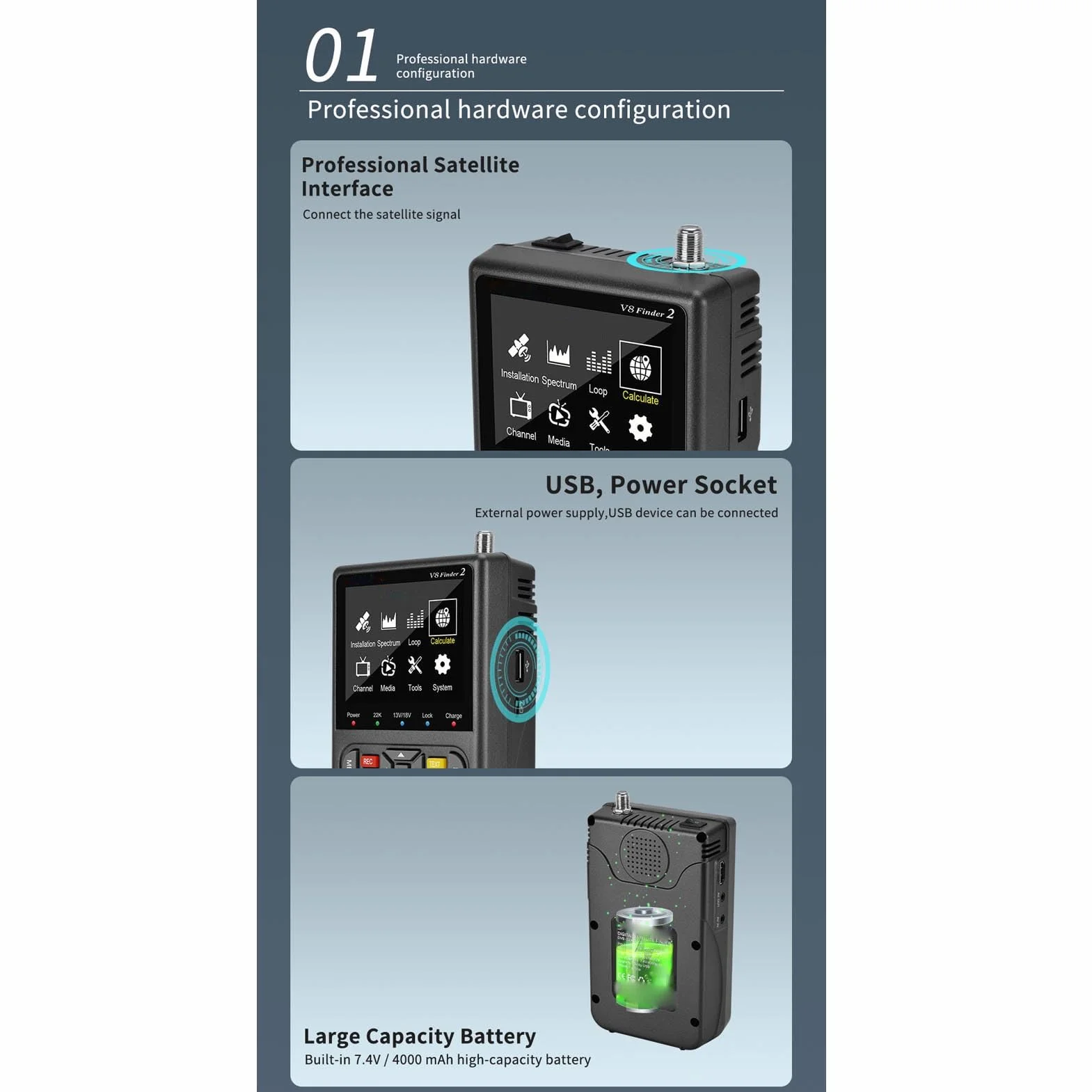 Miernik Sygnału Satelitarnego V8 Finder 3, 3,5-calowy LCD HD, Bateria 4000 mAh, Odbiornik S2X/S2/S MPEG-2/4