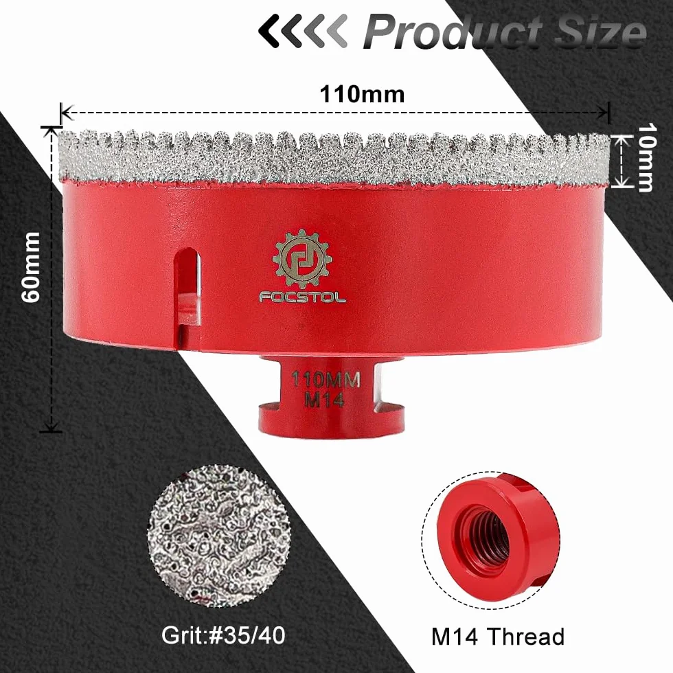 Diamentowe wiertło do płytek 110 mm – FOCSTOL diamentowe otwornice do porcelany, płytek, marmuru, granitu, gwintu M14 do szlifierek kątowych
