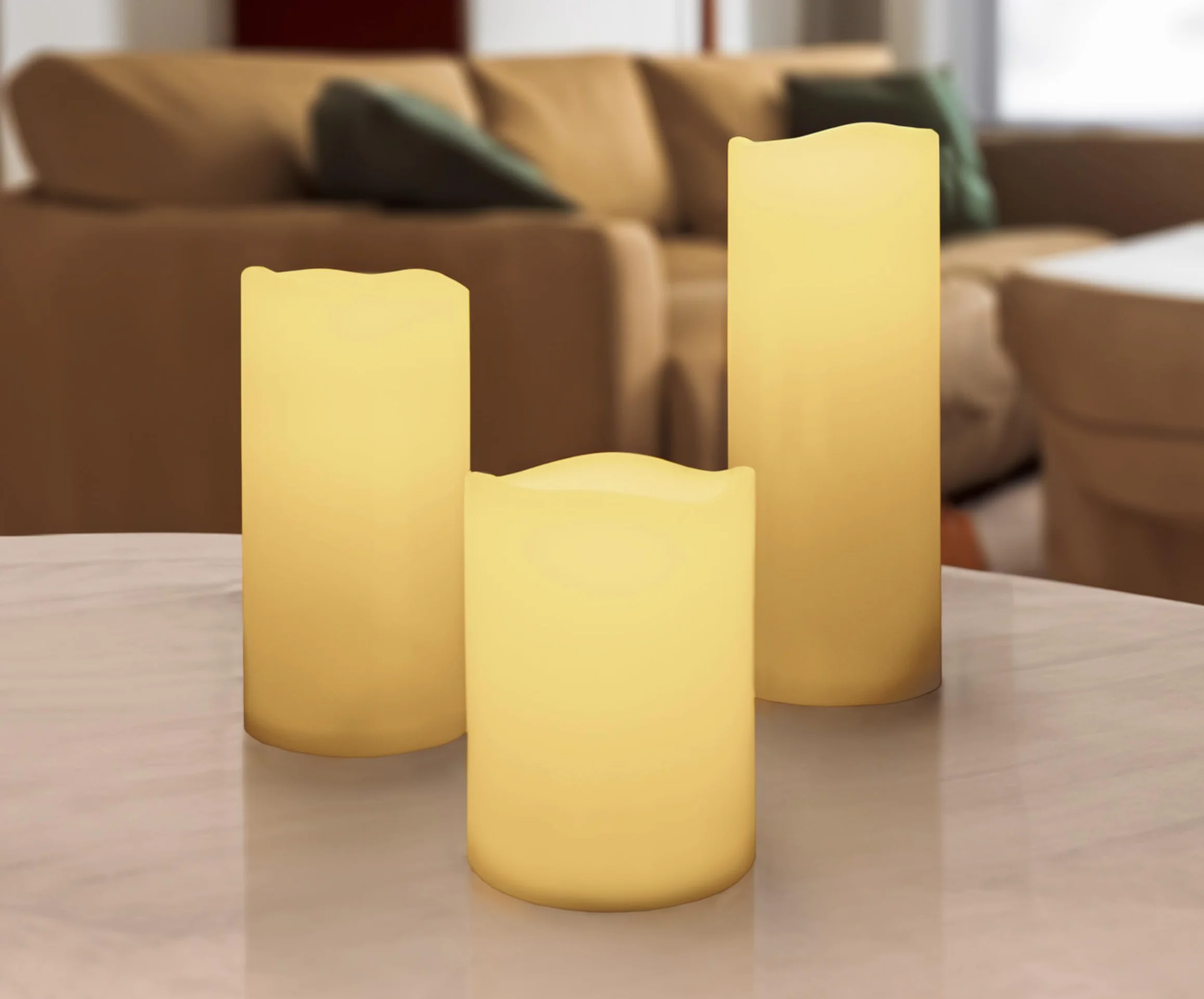 Świece pieńkowe LED, zestaw 3 sztuk, ciepła biel, z timerem, 20 cm, 15 cm, 10 cm, sztuczna świeca z efektem płomienia – dekoracja ogrodowa, bezpłomieniowa, do użytku na zewnątrz i wewnątrz, zasilana