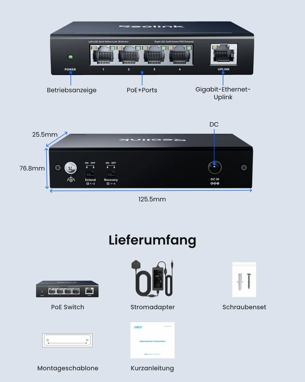 Reolink Przełącznik PoE o wysokiej prędkości i stabilności z 4+1 portami i adapterem 65 W dla domu i firmy, z metalową obudową, montaż na ścianie lub na stole, kompatybilny z IEEE 802.3af/at, RLA-PS1E