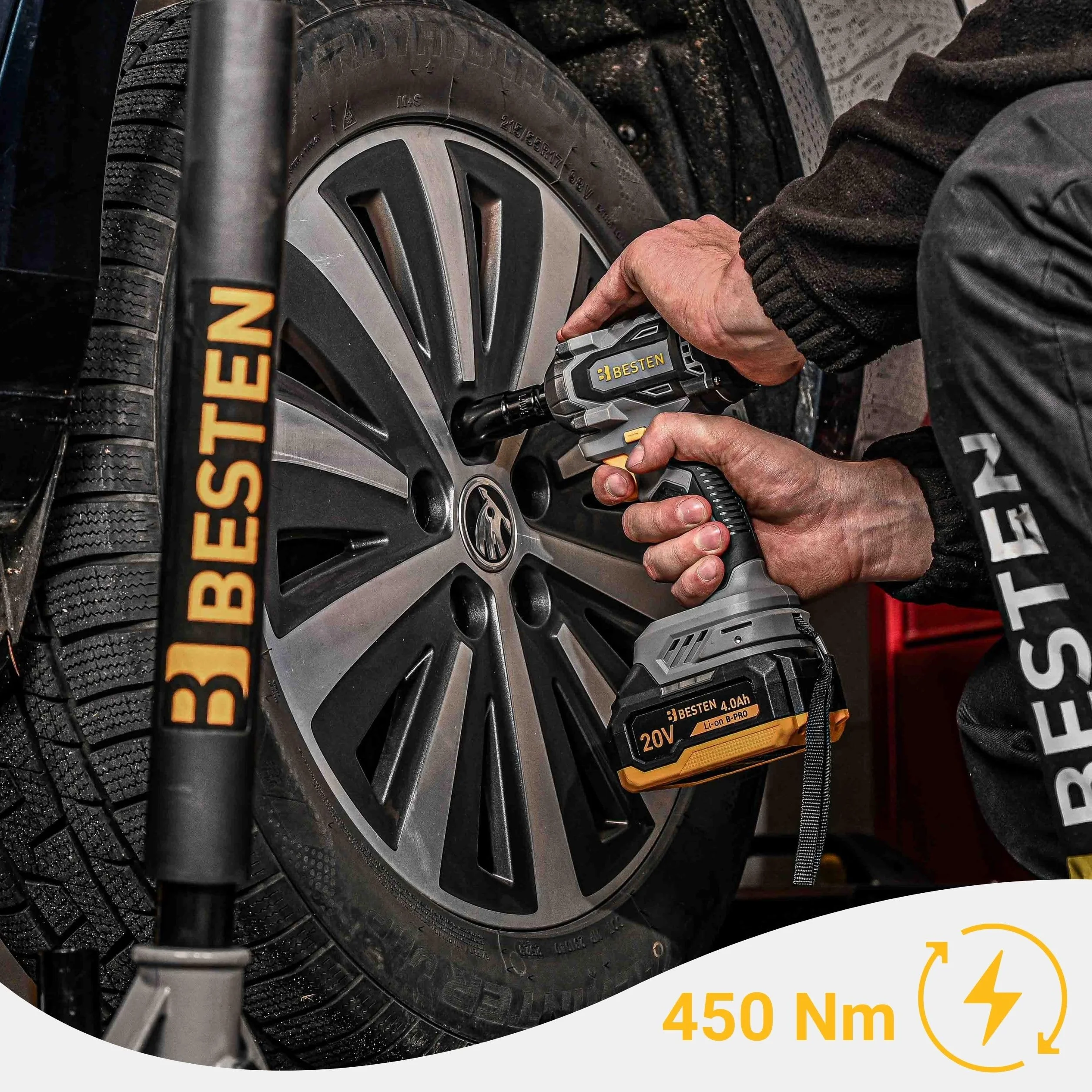 Klucz udarowy akumulatorowy BESTEN 450Nm • 20V BRUSHLESS • 1/2" trzpień • 3 biegi + Smart-Loosening • 2×4.0Ah B-PRO + szybka ładowarka • LED • walizka • BE0002891