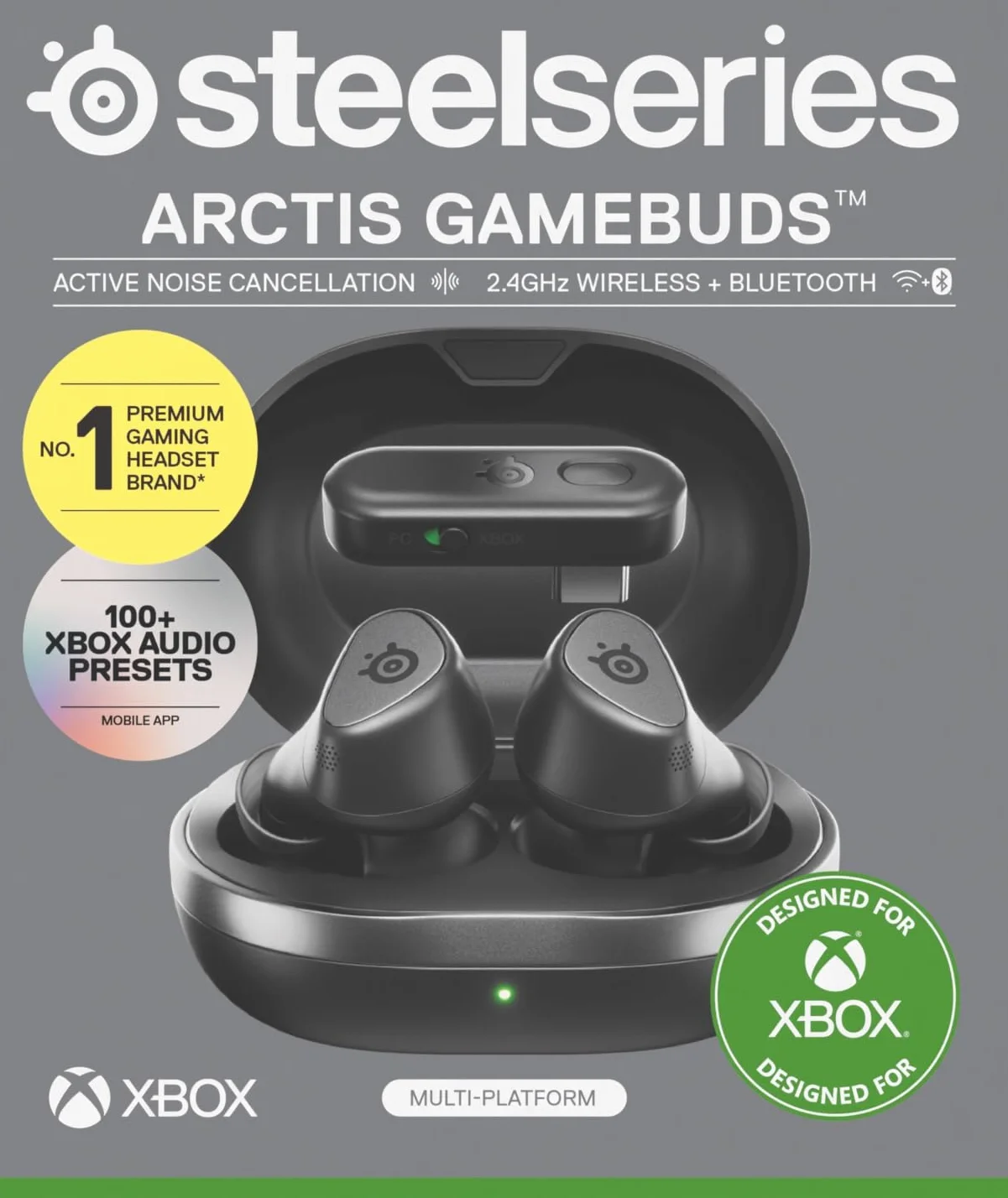 SteelSeries Arctis GameBuds Xbox Bezprzewodowe Słuchawki Douszne do Gier, 2,4 GHz + BT 5.3, ANC, Bateria 40 Godz., Ładowanie Bezprzewodowe, PS5, PC, Switch, Smartphone