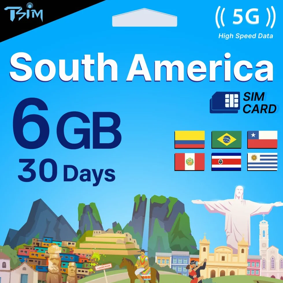 TSIM Ameryka Południowa karta SIM 30 dni 6 GB 5G/LTE Brazylia Chile Kolumbia Peru Urugwaj Kostaryka