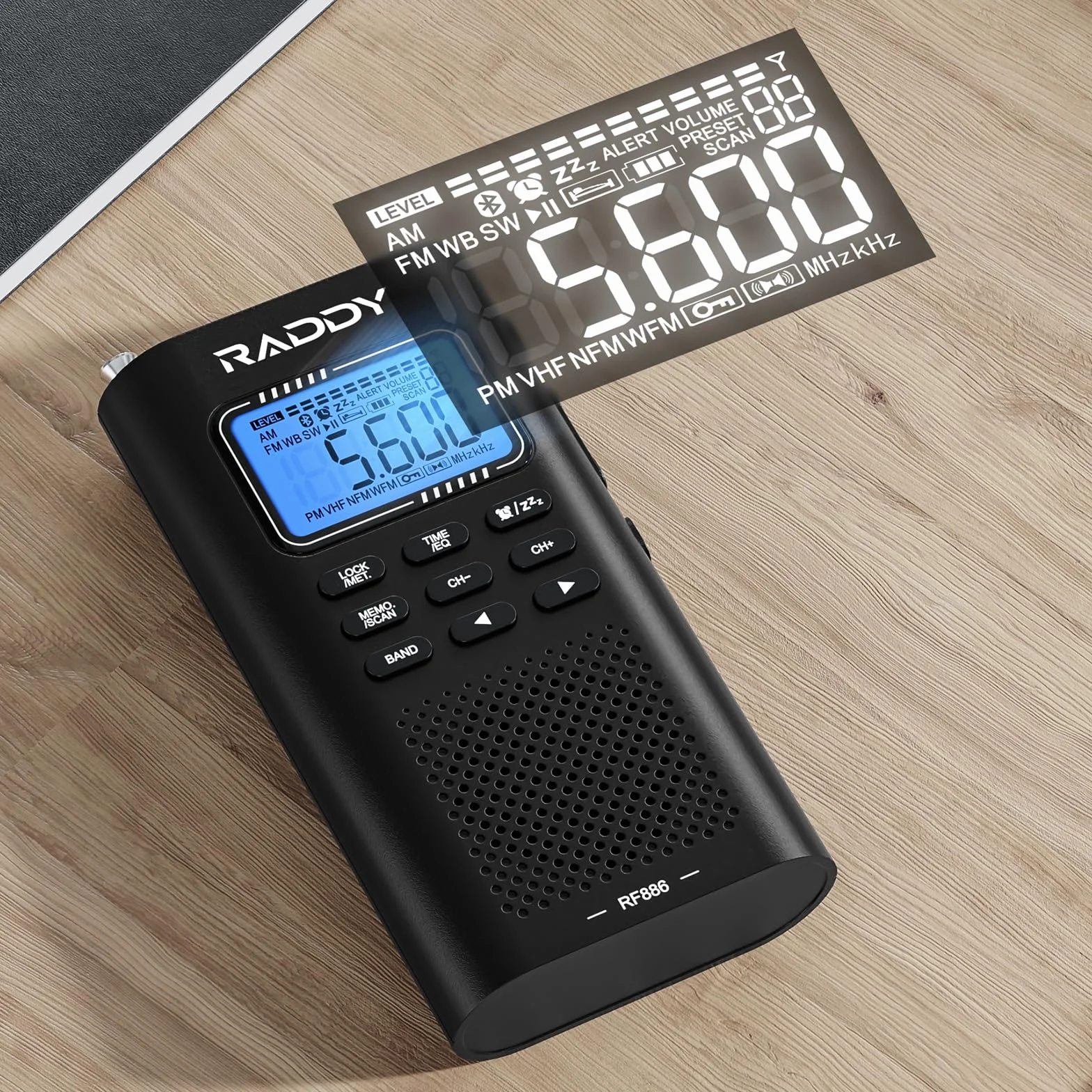 Raddy RF886 Przenośne radio krótkofalowe AM/FM/SW/UKW z głośnikiem BT i anteną 3m
