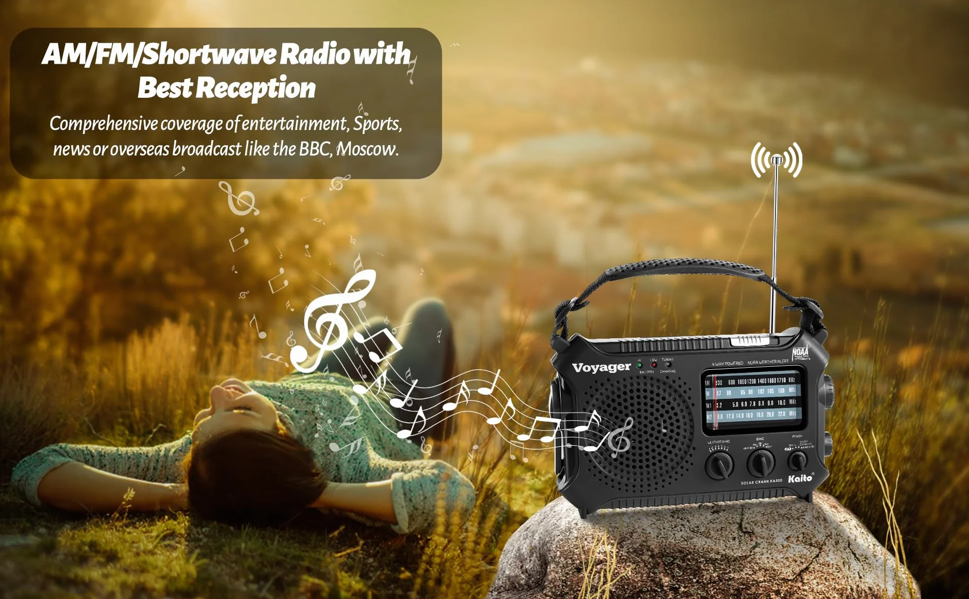 Kaito KA500 5-drożne zasilanie awaryjne AM/FM/SW NOAA radio z alarmem pogodowym z energią słoneczną, korbą dynamo, latarką i lampą do czytania, kolor czarny