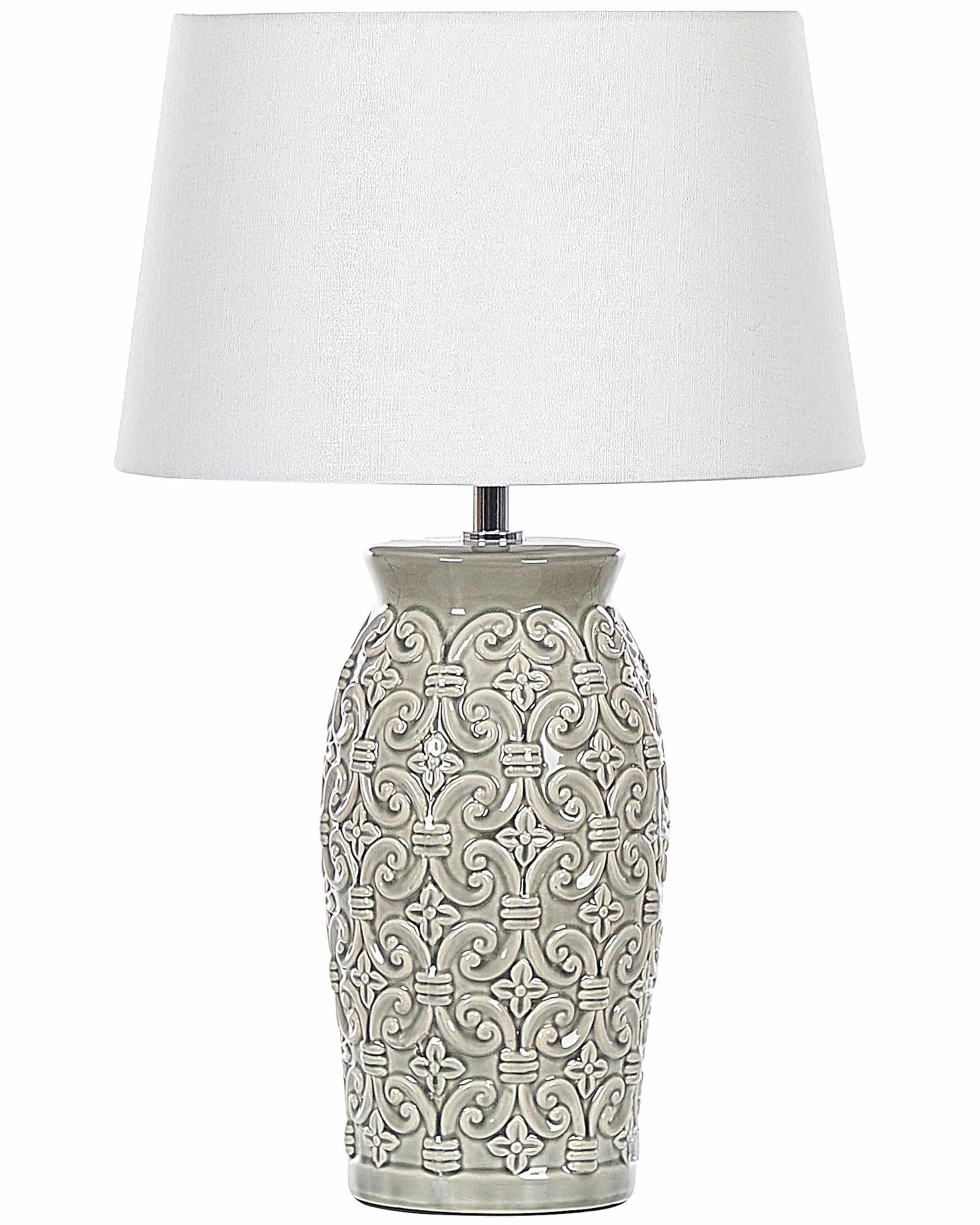 Elegancka lampa stołowa nocna ceramiczna szara z białym abażurem Khoper