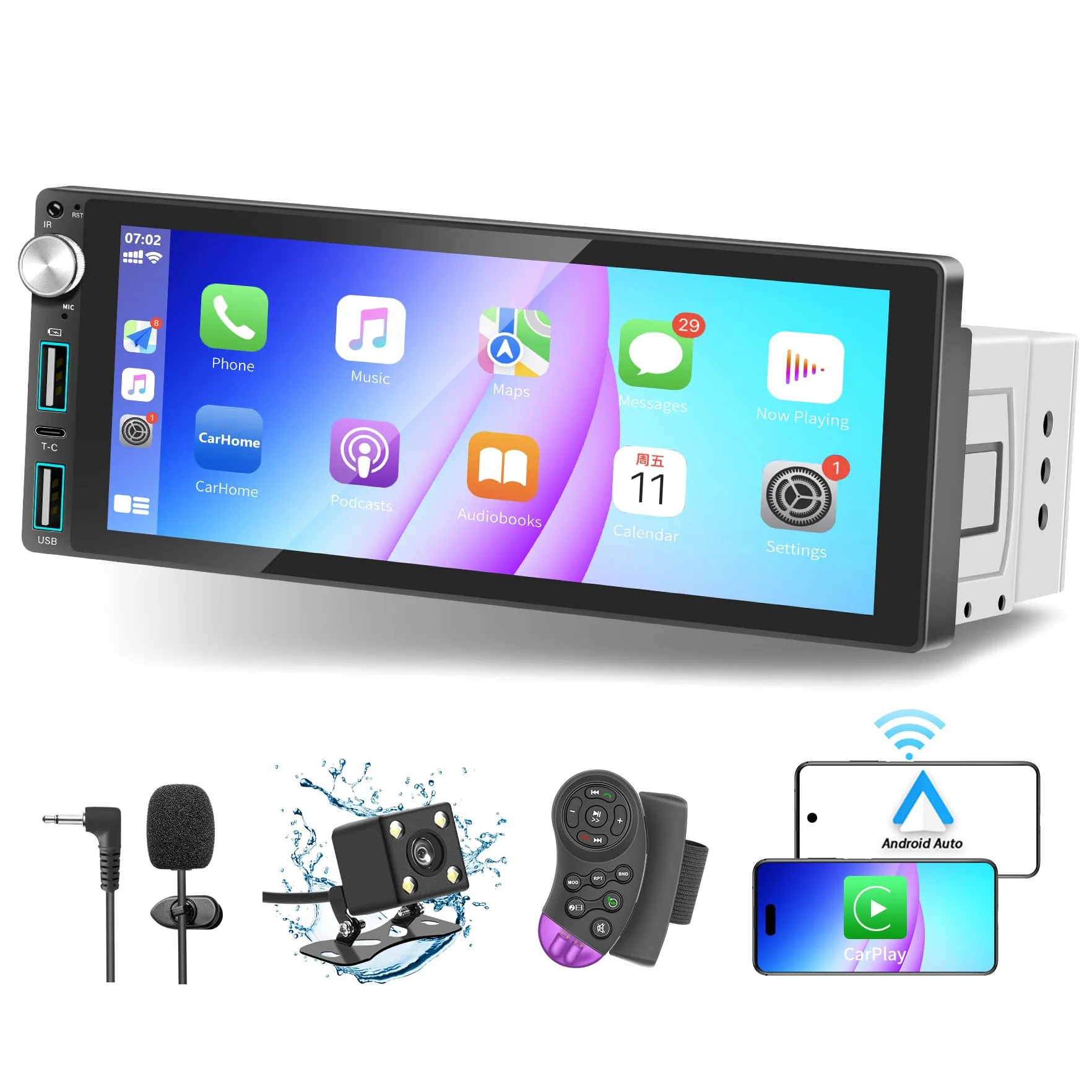 Radio samochodowe Bluetooth 1 DIN z funkcją CarPlay i Android Auto, z ekranem dotykowym o przekątnej 6,9 cala, łącze Mirror Link/RDS FM Radio/USB/Type-C/Mikrofon/Kamera zapasowa/obsługa pilota
