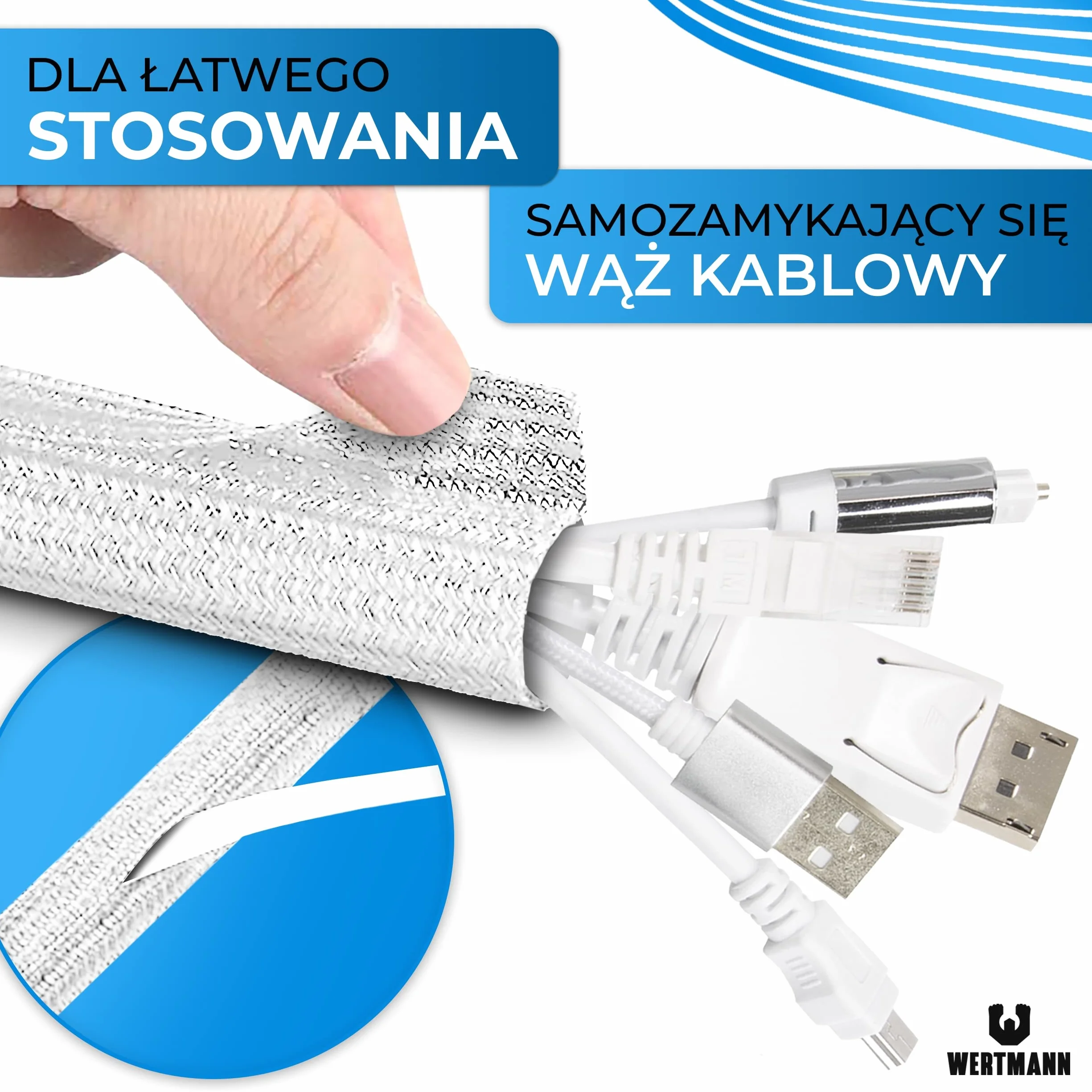 pleciony wąż kablowy biały [3m] jako kanał do kabli tv biały lub organizer kabli na biurku - Średnica się dopasowuje [12-20mm] - Zarządzanie kablami przy biurku, ochrona kabli przed kotem