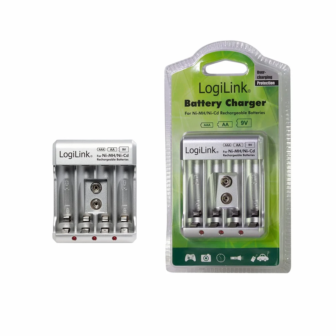LogiLink PA0168 ładowarka do akumulatorów "AA/AAA/9V Ni-MH/Ni-Cd" srebrna