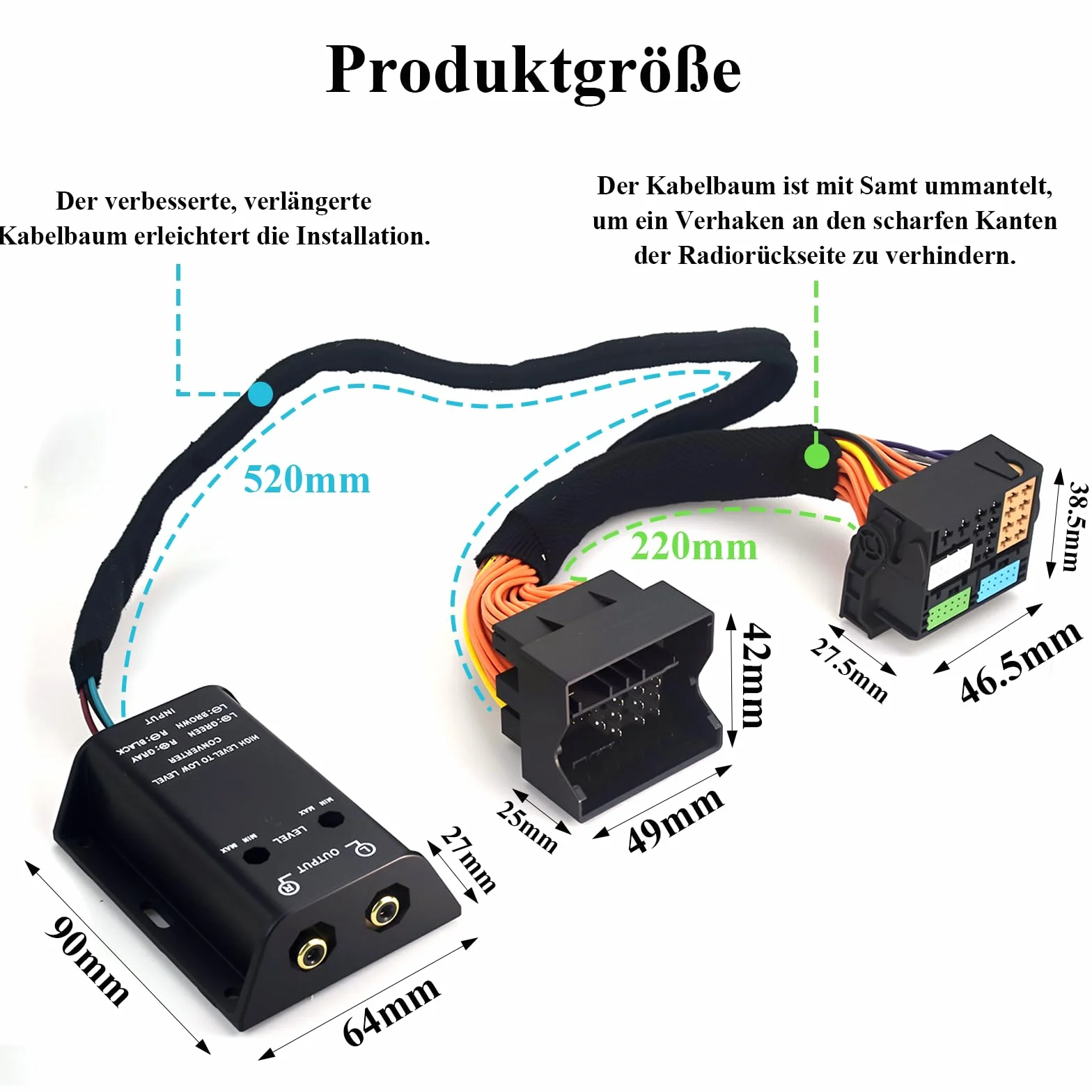 High Low adapter subwoofera konwerter do radia samochodowego 2-kanałowy adapter cinch, kabel na wyjście Quadlock, kabel przedłużający High-Low pasuje do BMW Ford, Mercedes, Seat, Skoda, VW