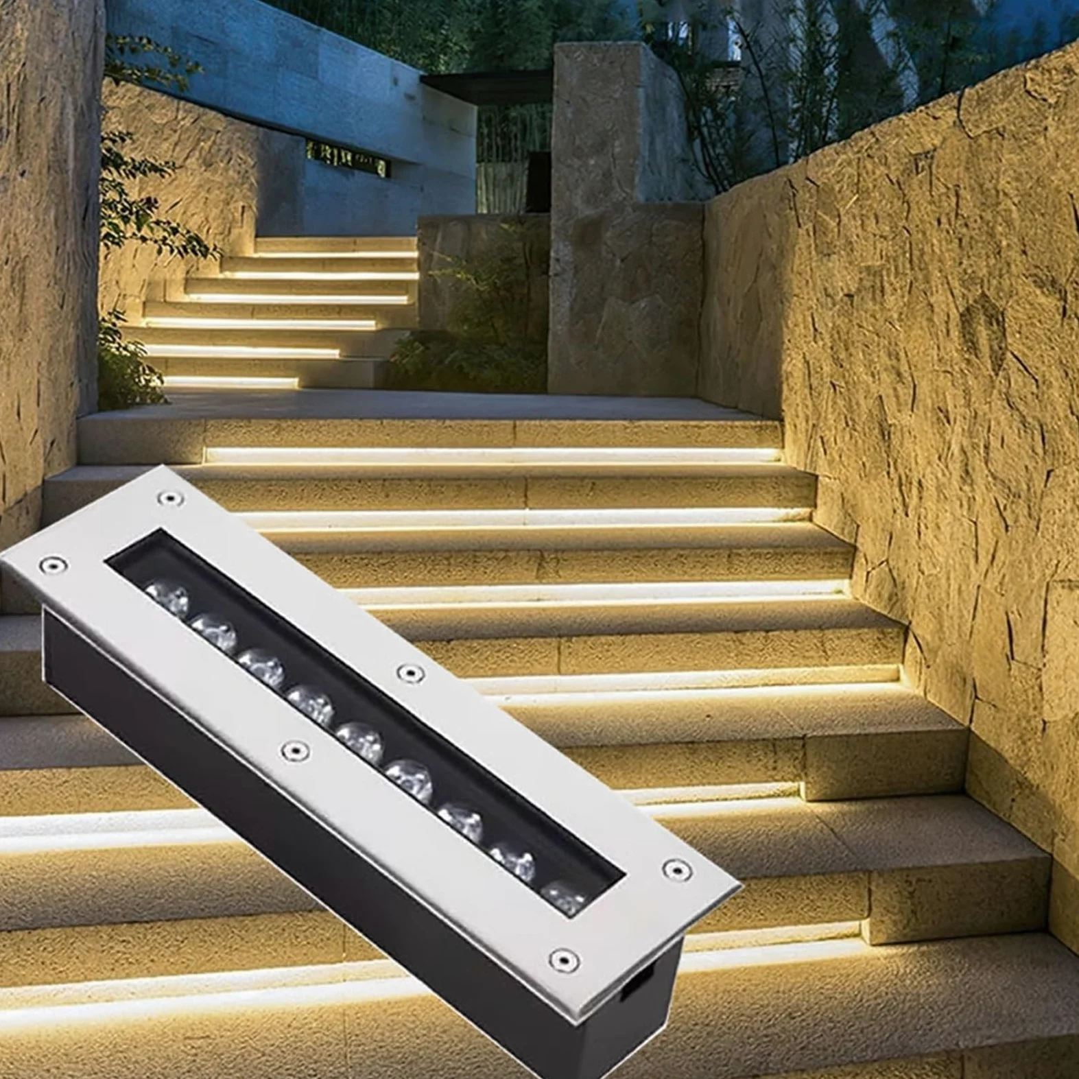 Oświetlenie krajobrazowe LED Reflektor gruntowy, prostokątna zewnętrzna wpuszczana lampa podłogowa 85–265 V, wodoodporne światło podziemne IP67, oświetlenie dekoracyjne Światło(Warm White,24W)