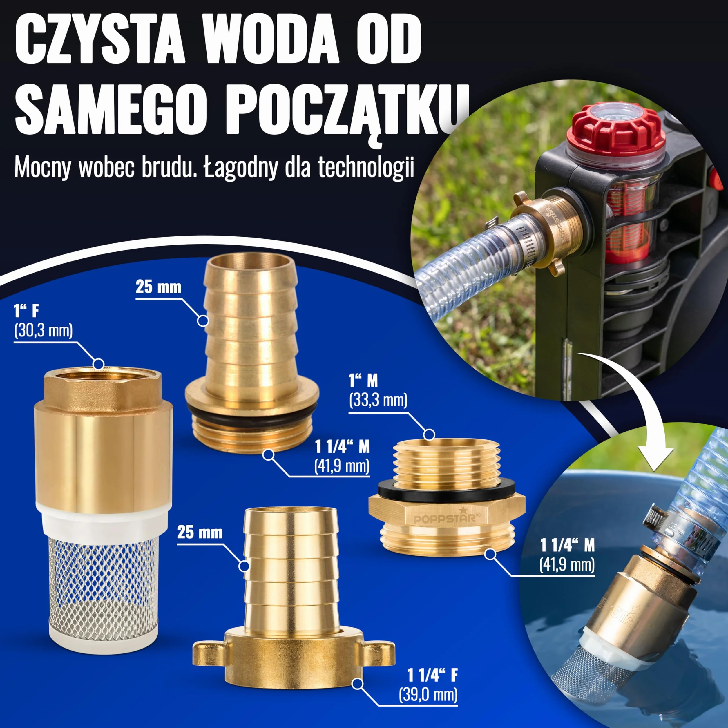 Poppstar Wąż ssący 1 cal 4m (ID 25mm, AD 33mm, grubość ścianki 4mm), w zestawie kosz ze stali nierdzewnej z zaworem zwrotnym, nakrętka zaciskowa ID 1 1/4" (41,9mm), kawałek redukcyjny AD 1" (33,3mm)