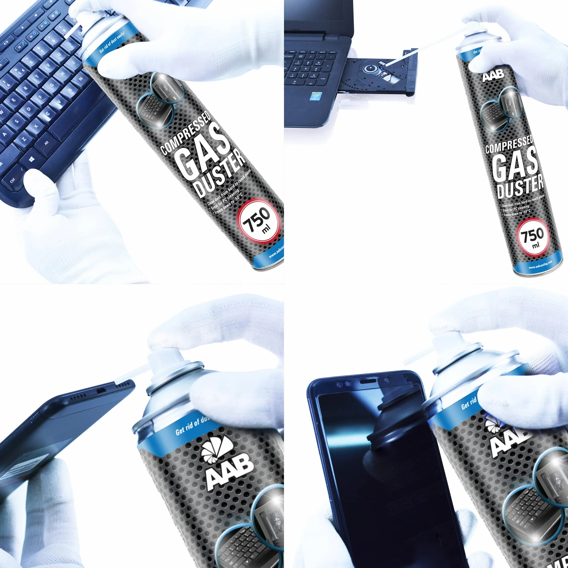 4 x AAB Compressed Gas Duster 750ml - Sprężony Gaz, Sprężone Powietrze do Wydmuchiwania Kurzu, Puszka, Aerozol do Czyszczenia Komputera, Klawiatury, Laptopa, Sprzętu Biurowego, PC