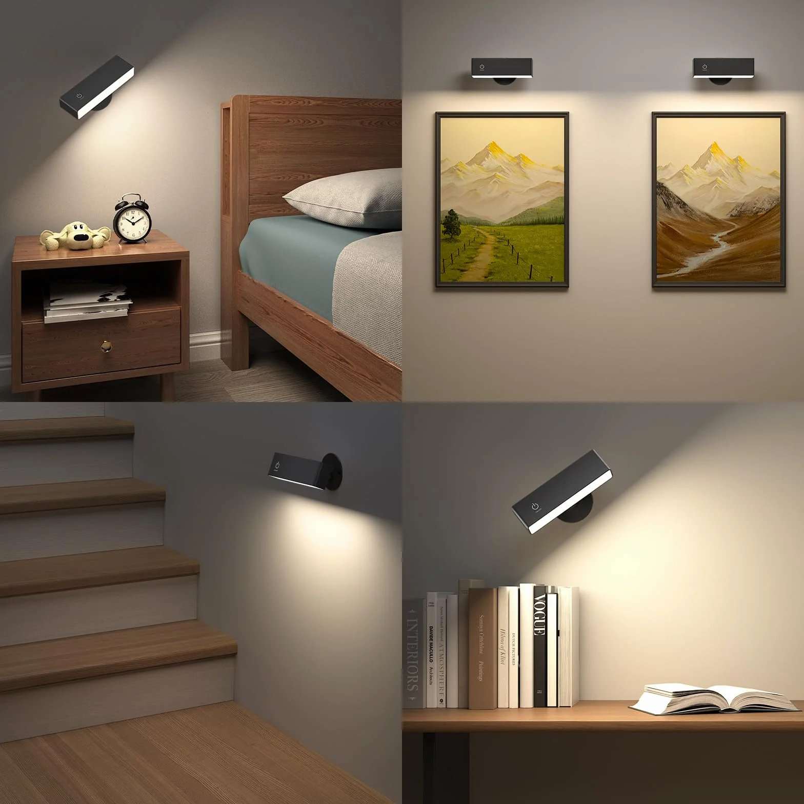 YiLaie Lampa ścienna LED do wnętrz 2 szt., z baterią 4000 mAh, obrót 360°, regulacja jasności, bezprzewodowa lampa ścienna, dotykowa lampka nocna, lampka do czytania, czarna